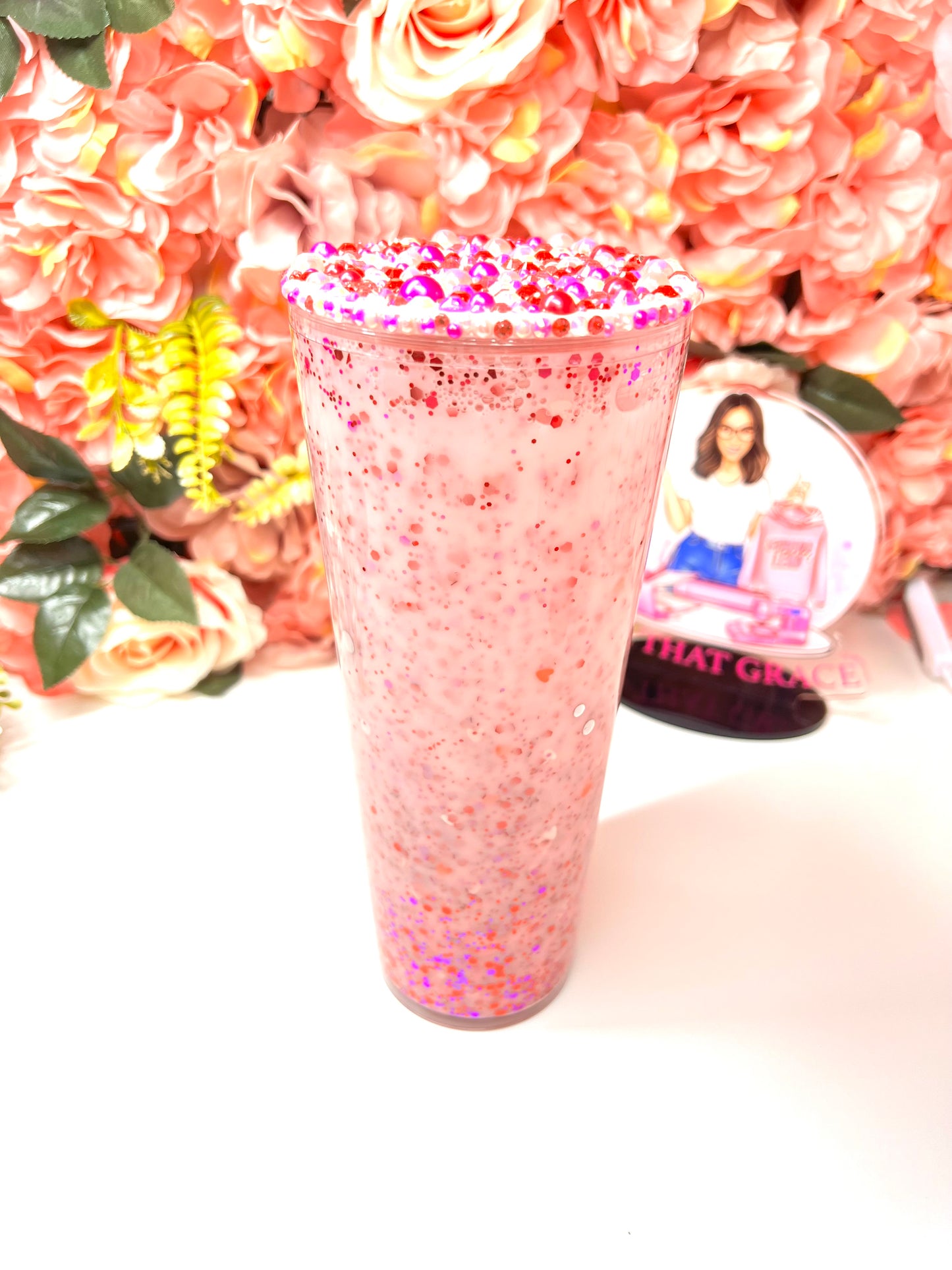 Custom Acrylic Tumbler With Red & Pink Glitter W/ Bling Lid