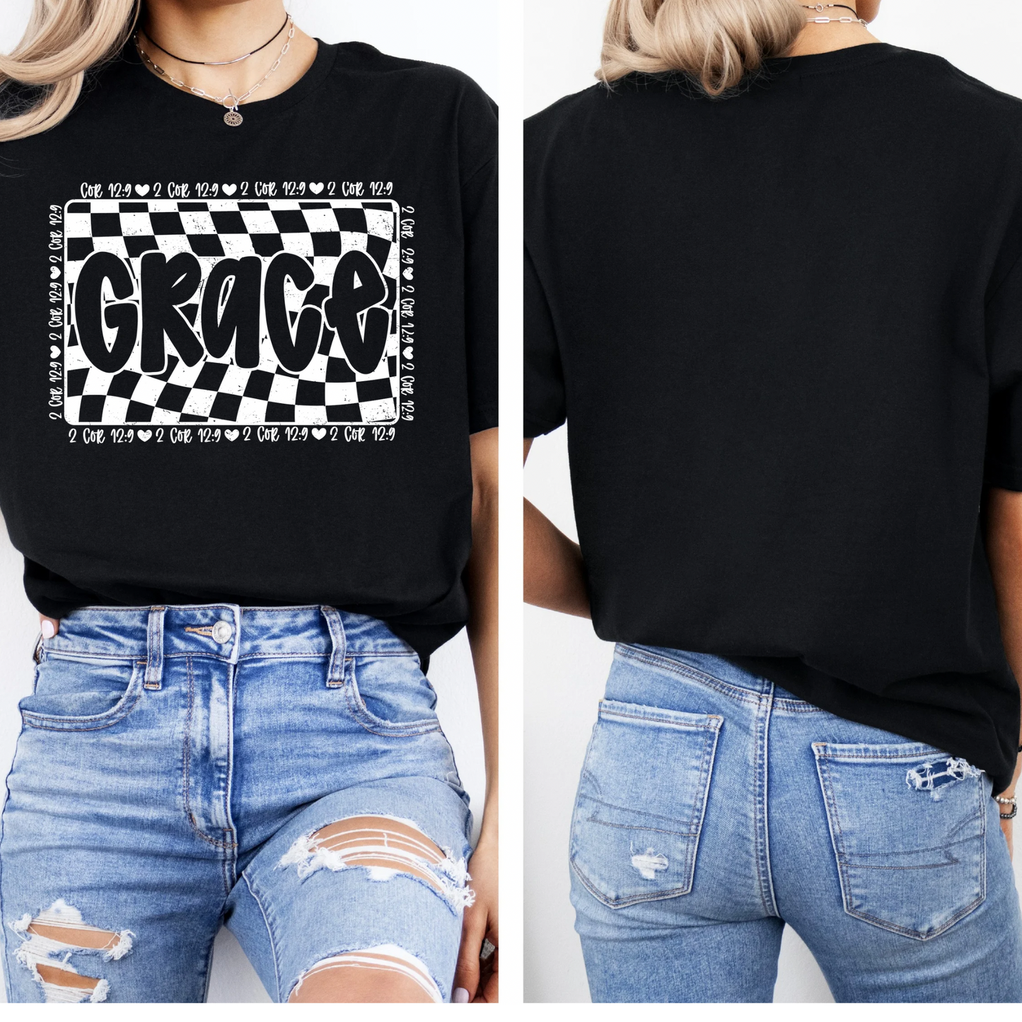 Grace Checked Vintage Style Bible Verse Soft Style Black Tee