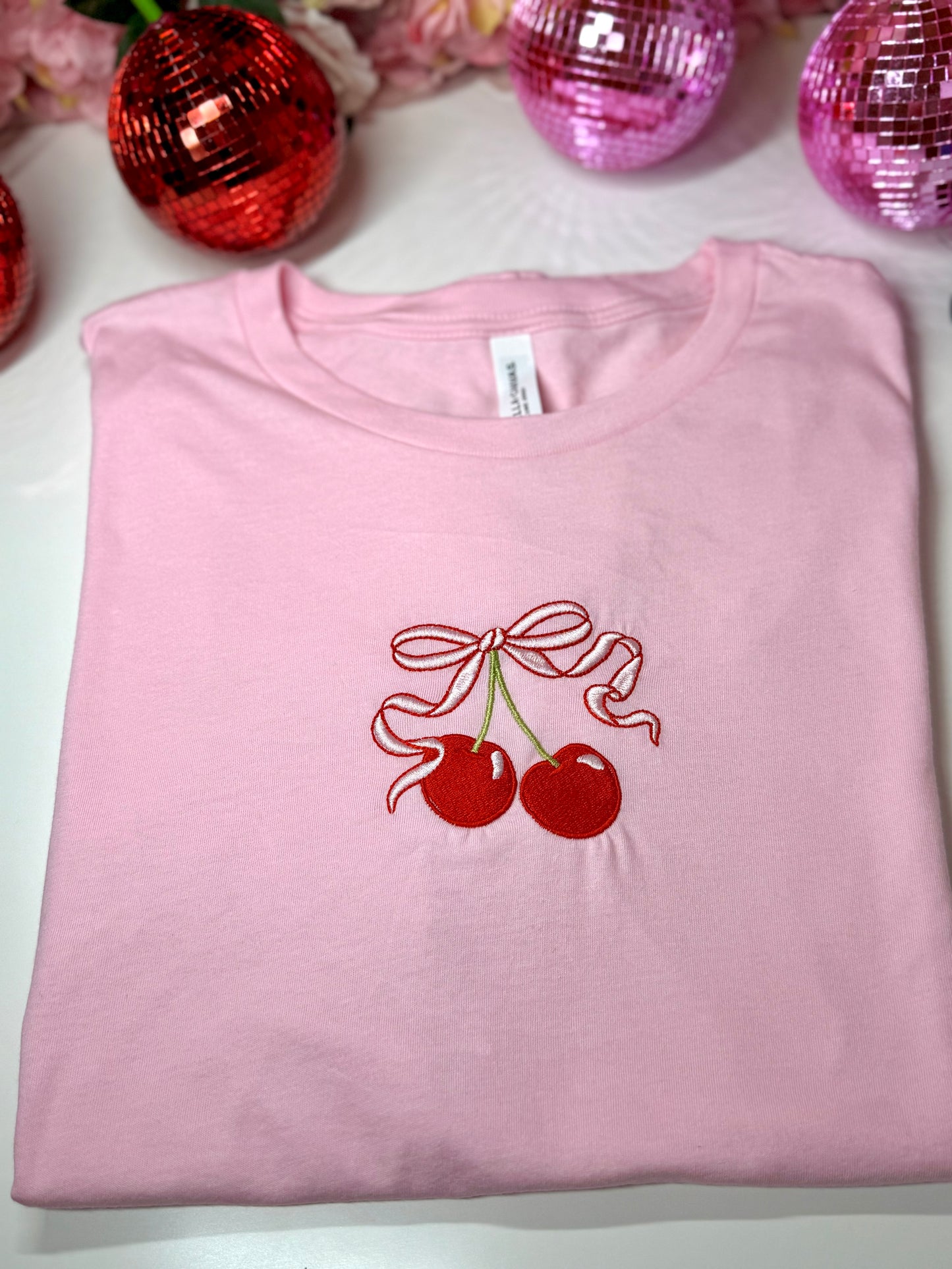 Cherry Coquette Bow Embroidered Cotton Short Sleeve Tee in Pink