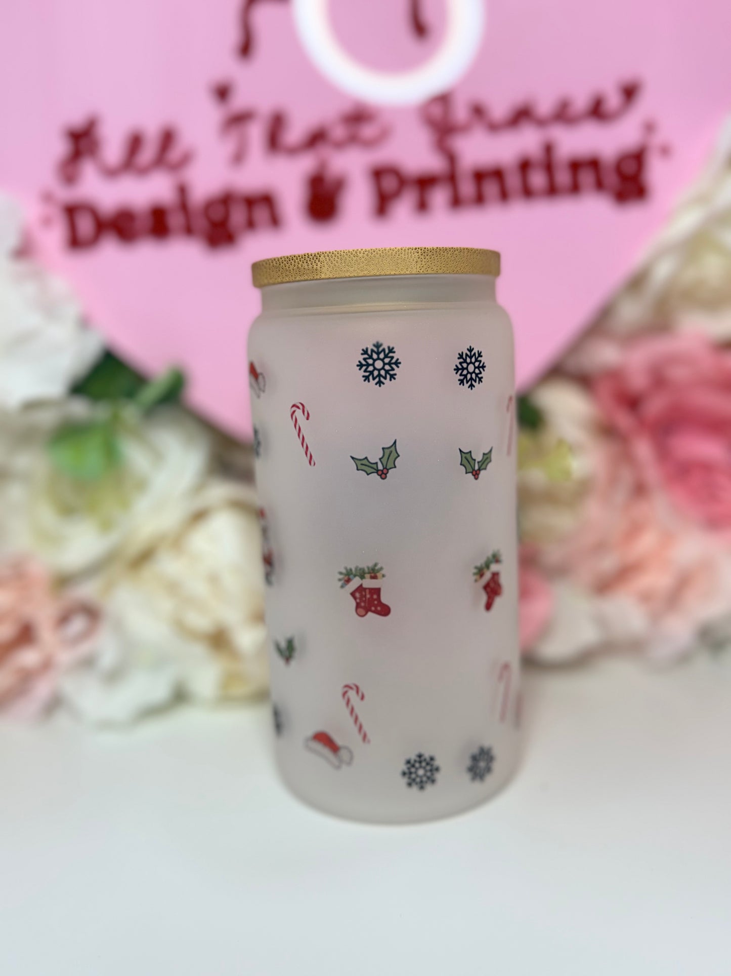 Custom Theme Frosted Glass Libby Cup With Clear Lid Santa/ Character