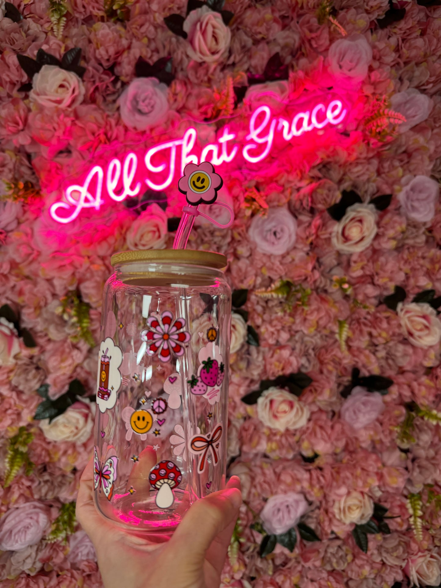 Retro Spring Fun Glass Libby 16oz Cup With Straw Topper