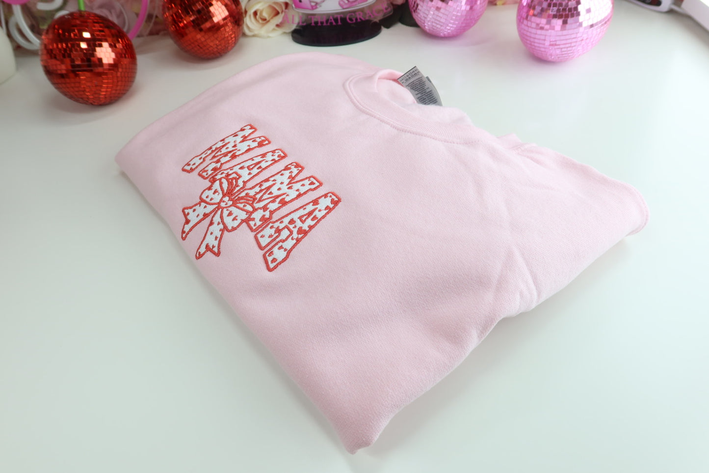 Mama Bow And Heart Appliqué Crewneck Sweater in Pink