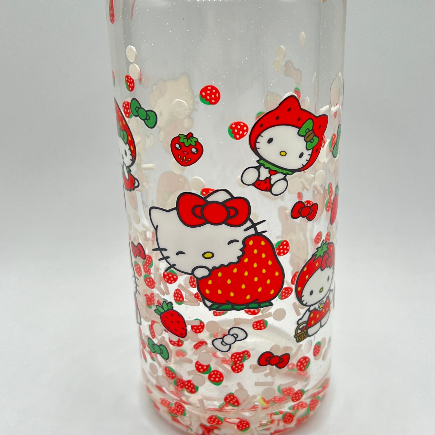 Cat, Bow & Strawberry Snow Globe 16oz Glass Tumbler WIth Lid