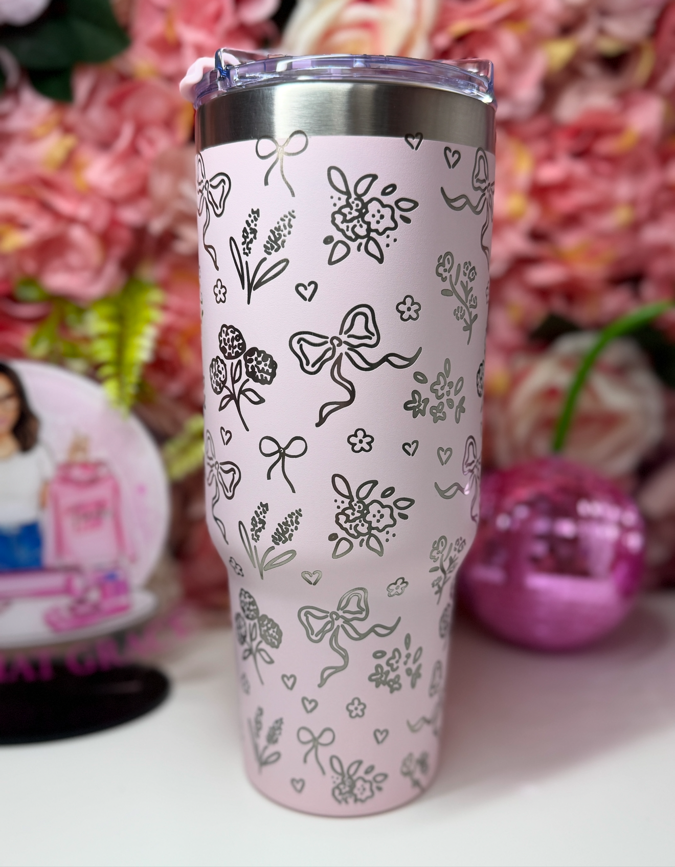 Floral Bow Coquette Engraved Peppermint Cream Blush Tumbler 40oz