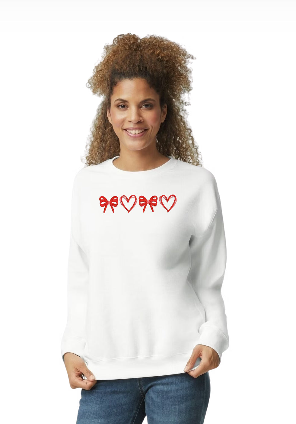 XOXO Heart and Bow Coquette Embroidered Crewneck Sweater In Multiple Colors