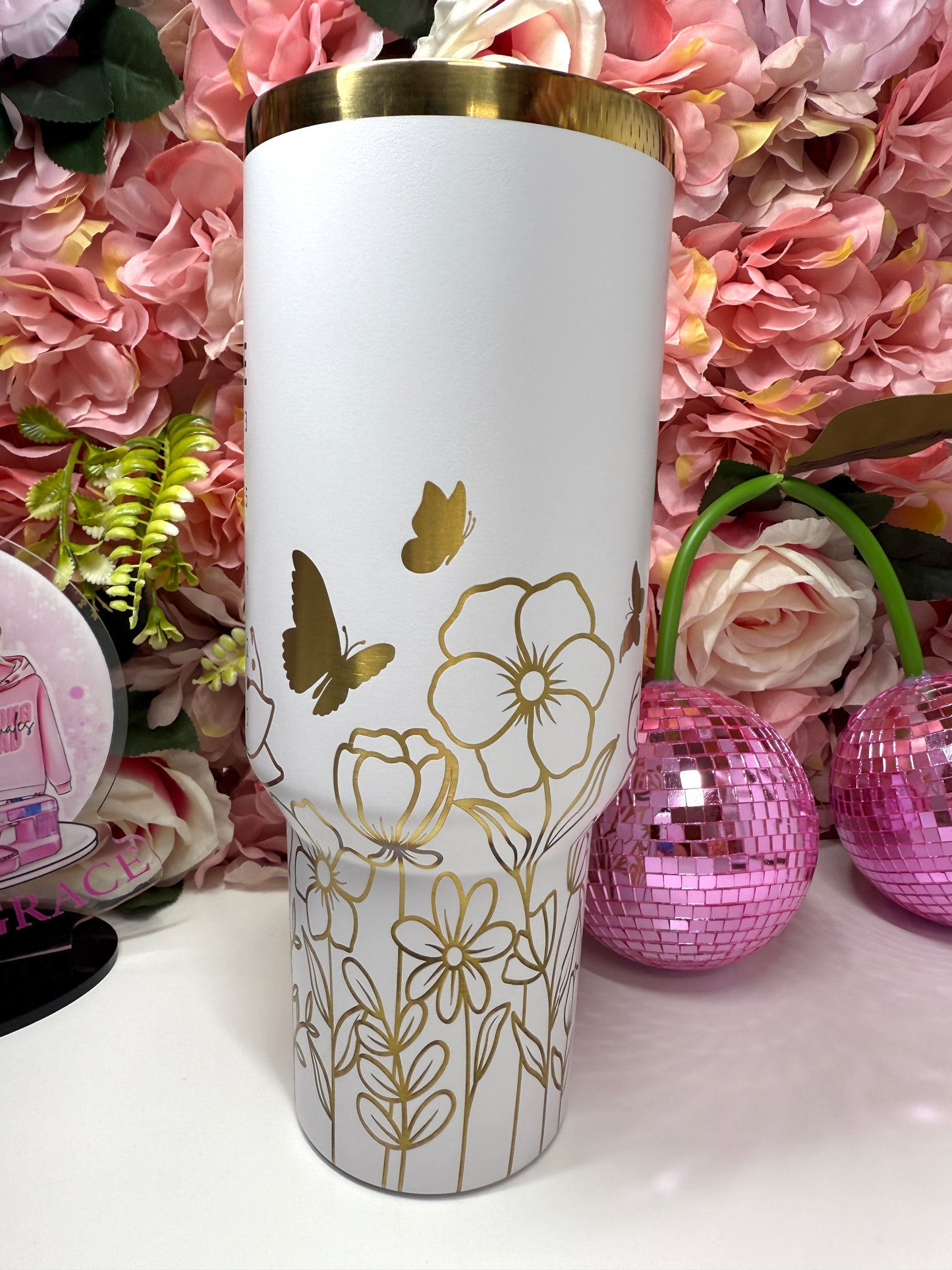 God Says You Are Floral Butterfly Bible Verse Gold Engraved White 40oz Tumbler
