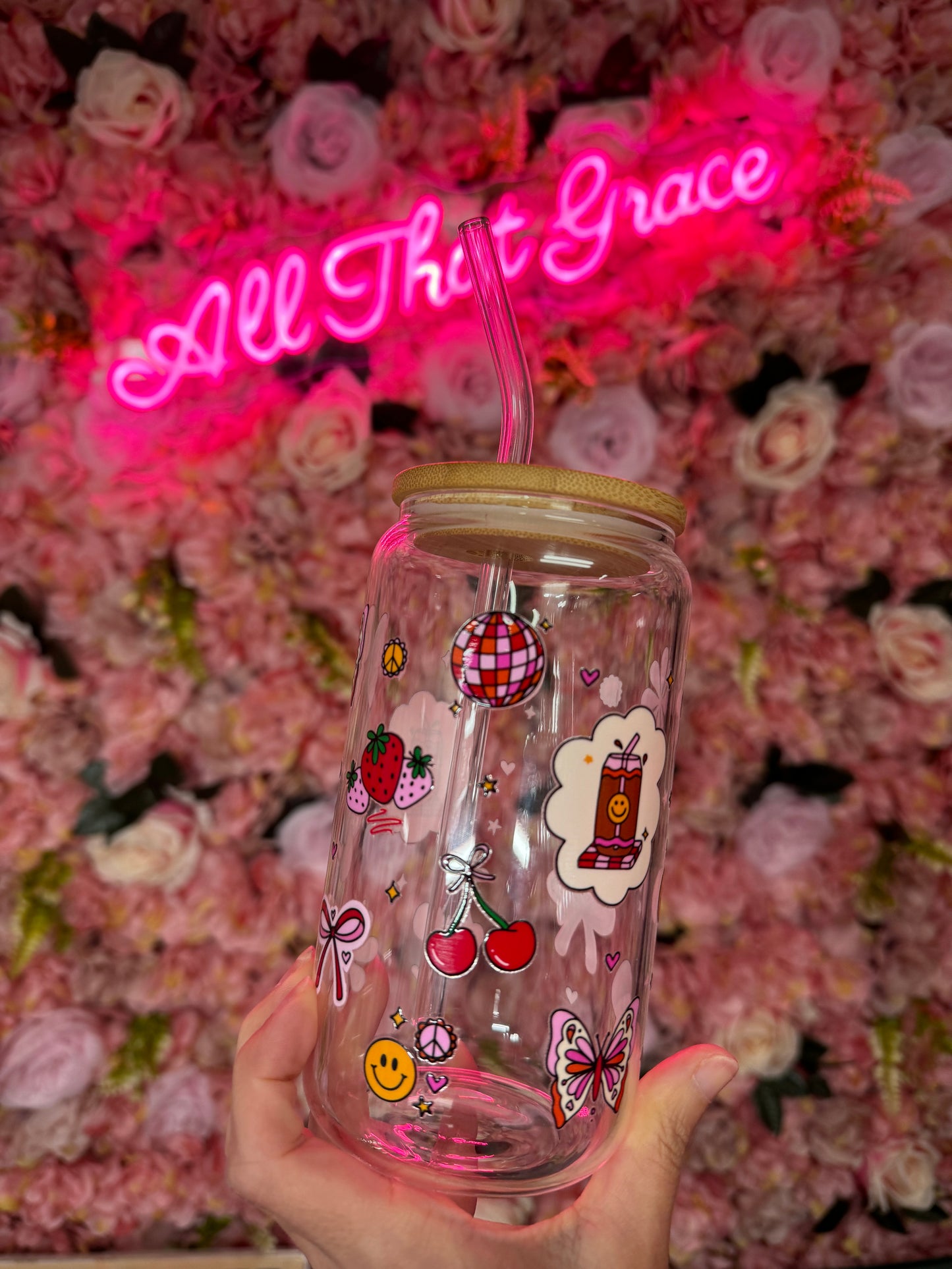 Retro Spring Fun Glass Libby 16oz Cup With Straw Topper