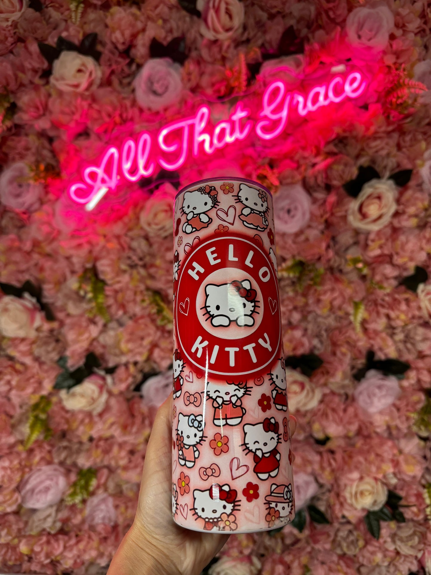 Cat, Hearts and Flowers Pink and Red Stainless Steel 20oz Tumbler Cup Skinny