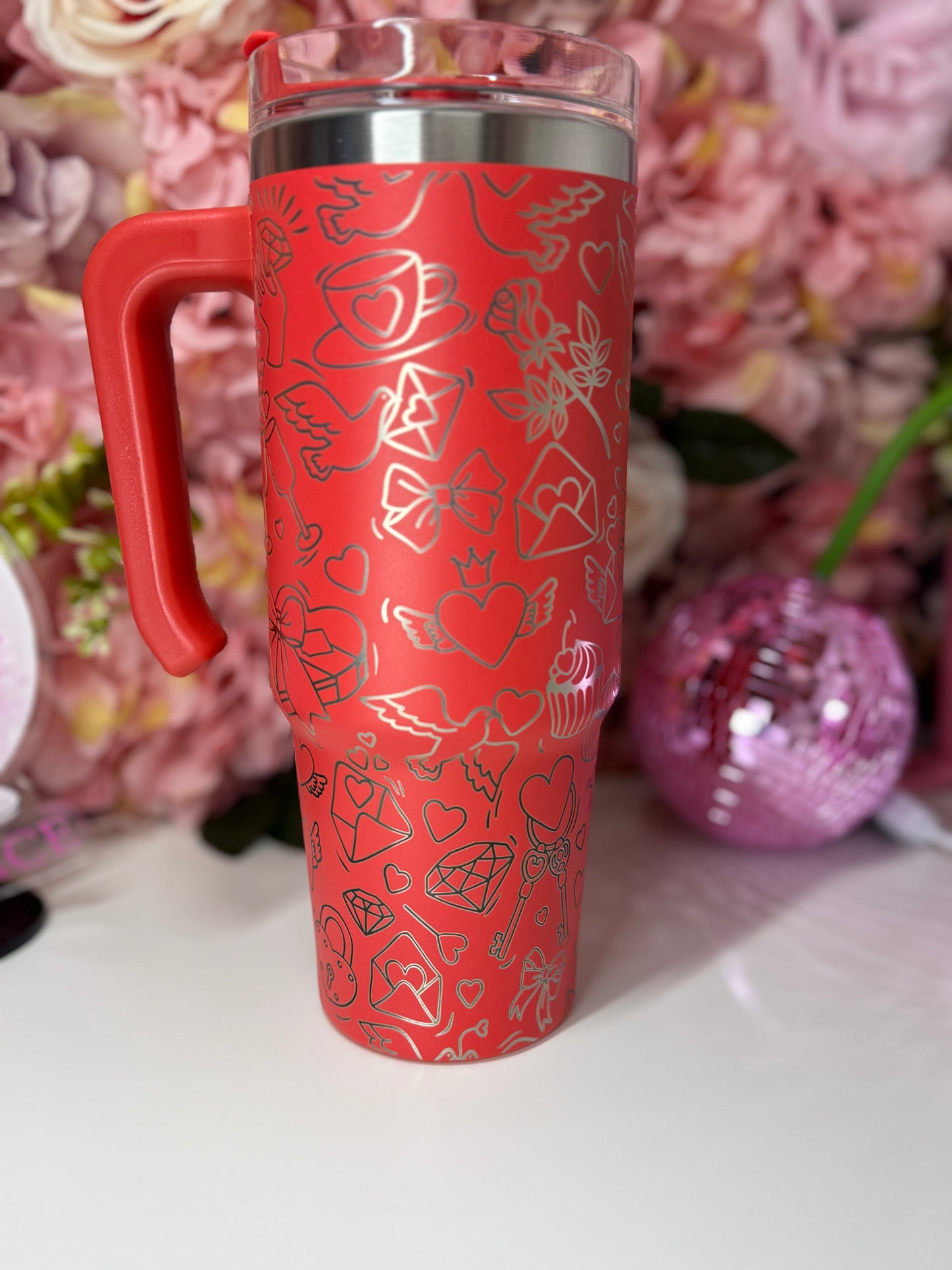 Valentines Love Letter Coquette Cherry Lip Engraved 30oz Red or Hot Pink Grippy Tumbler