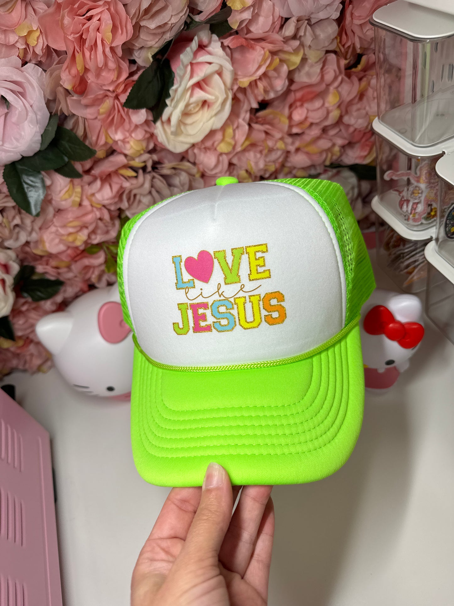 Love Like Jesus Trucker Hat In Neon Yellow and White