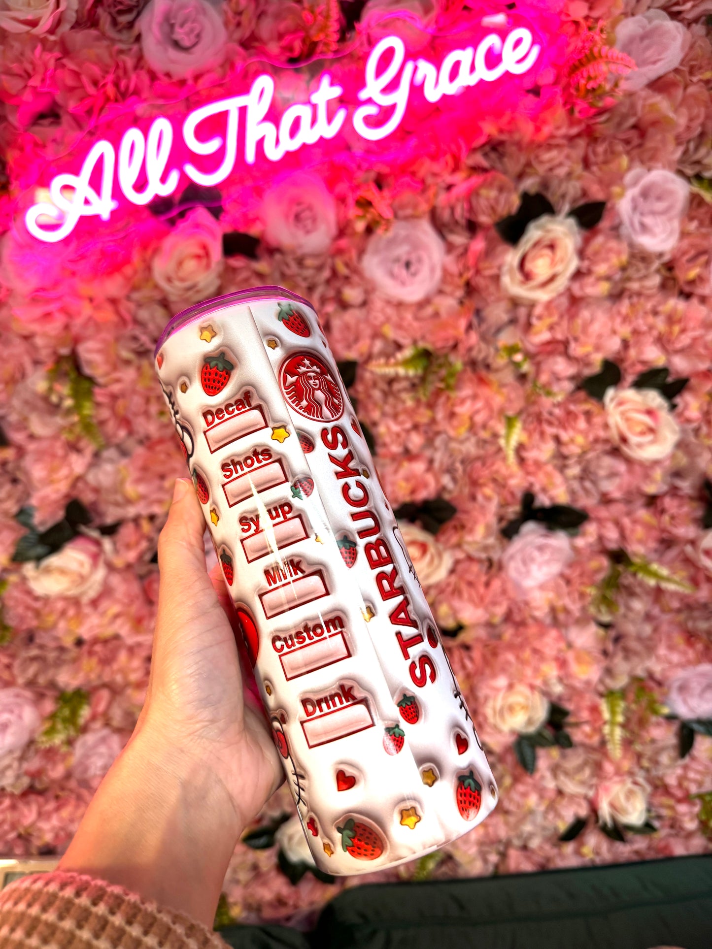 Cat, Strawberry Starbucks Dupe 3D Stainless Steel Tumbler Cup 20oz Skinny