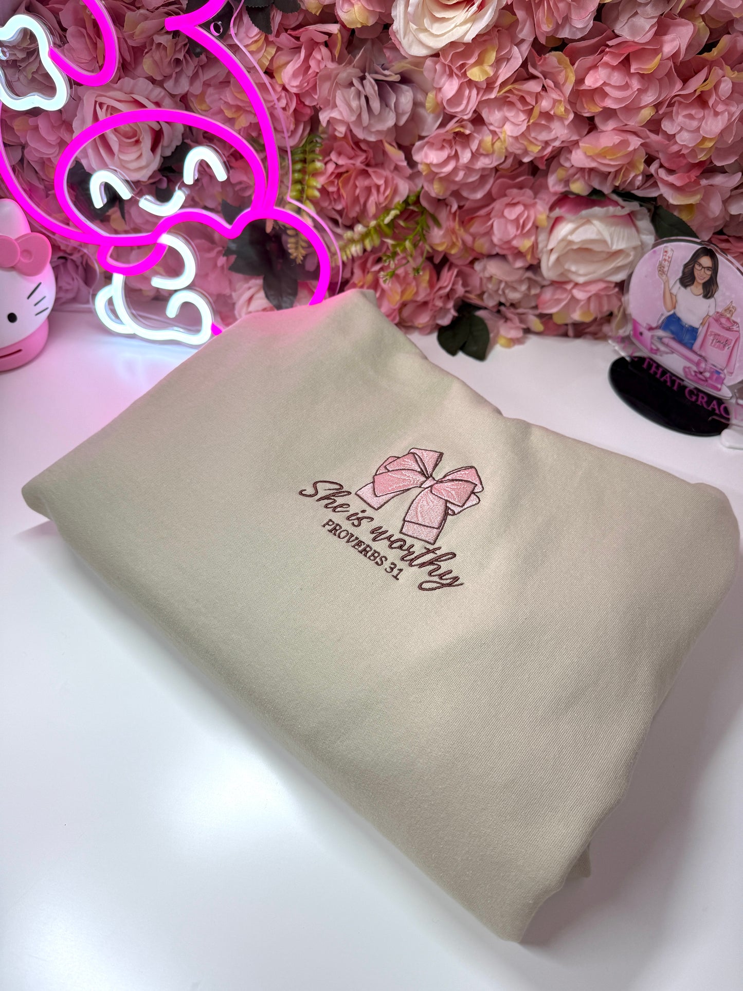 She is Worthy Proverbs 31 Bow Coquette Embroidered Hoodie in Sand
