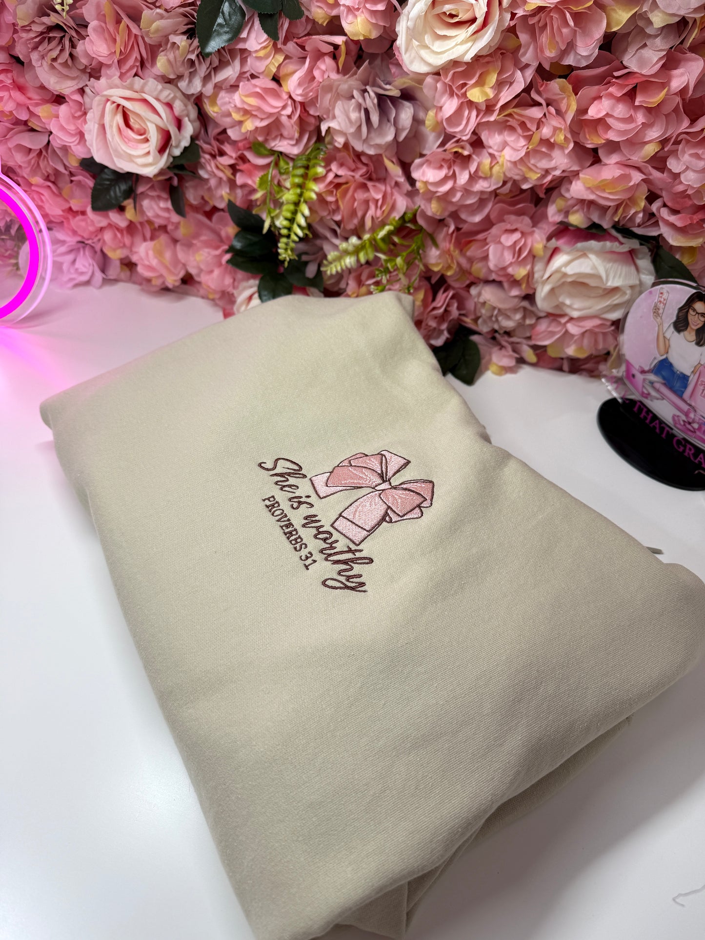 She is Worthy Proverbs 31 Bow Coquette Embroidered Hoodie in Sand