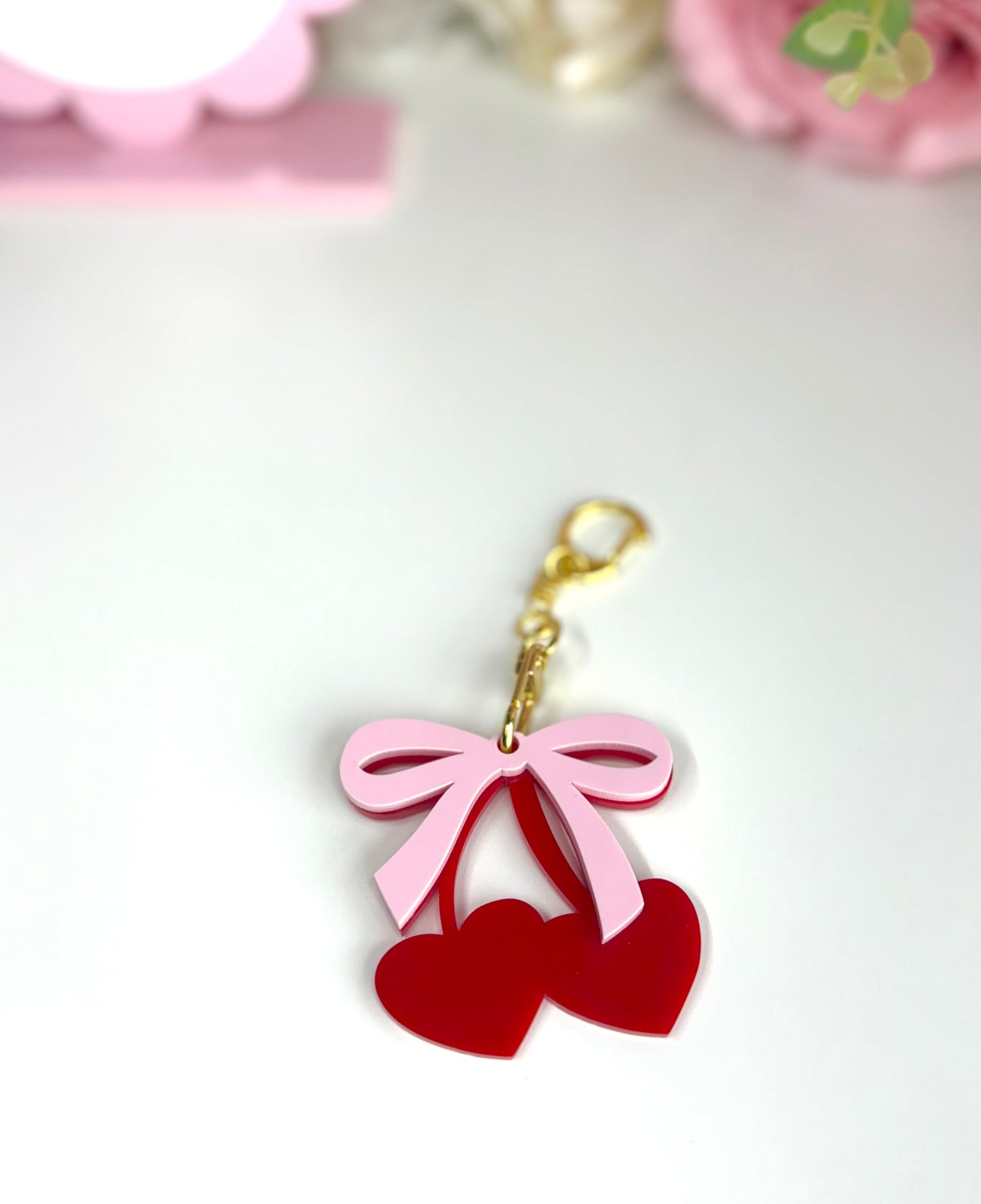 Heart Cherry Bow Coquette Acrylic Keychain