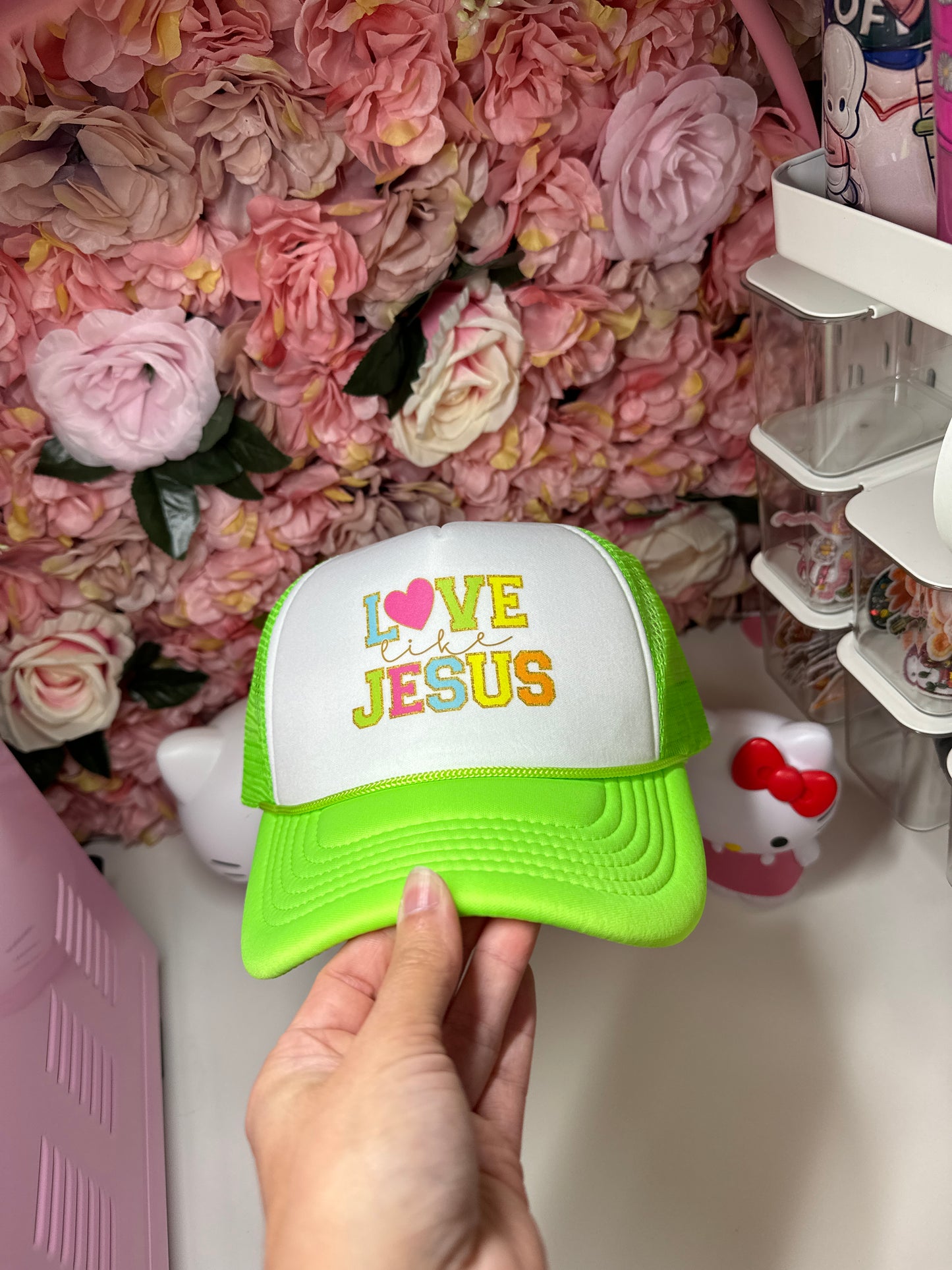 Love Like Jesus Trucker Hat In Neon Yellow and White