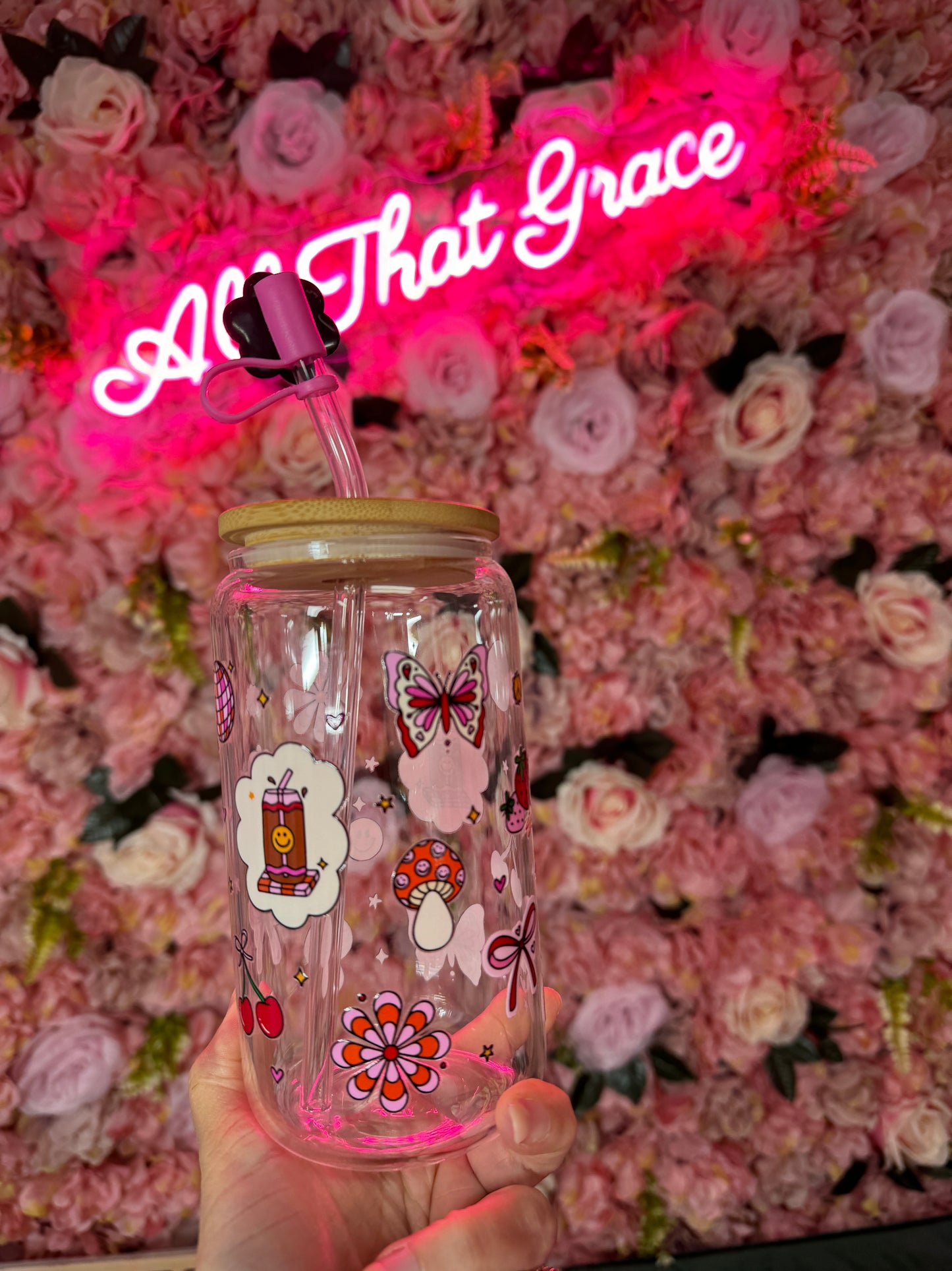 Retro Spring Fun Glass Libby 16oz Cup With Straw Topper