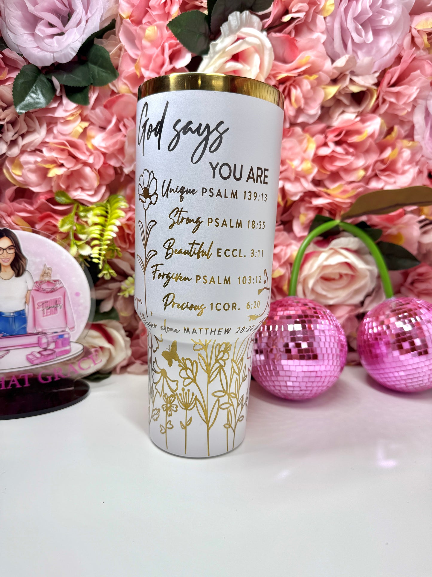 God Says You Are Floral Butterfly Bible Verse Gold Engraved White 40oz Tumbler