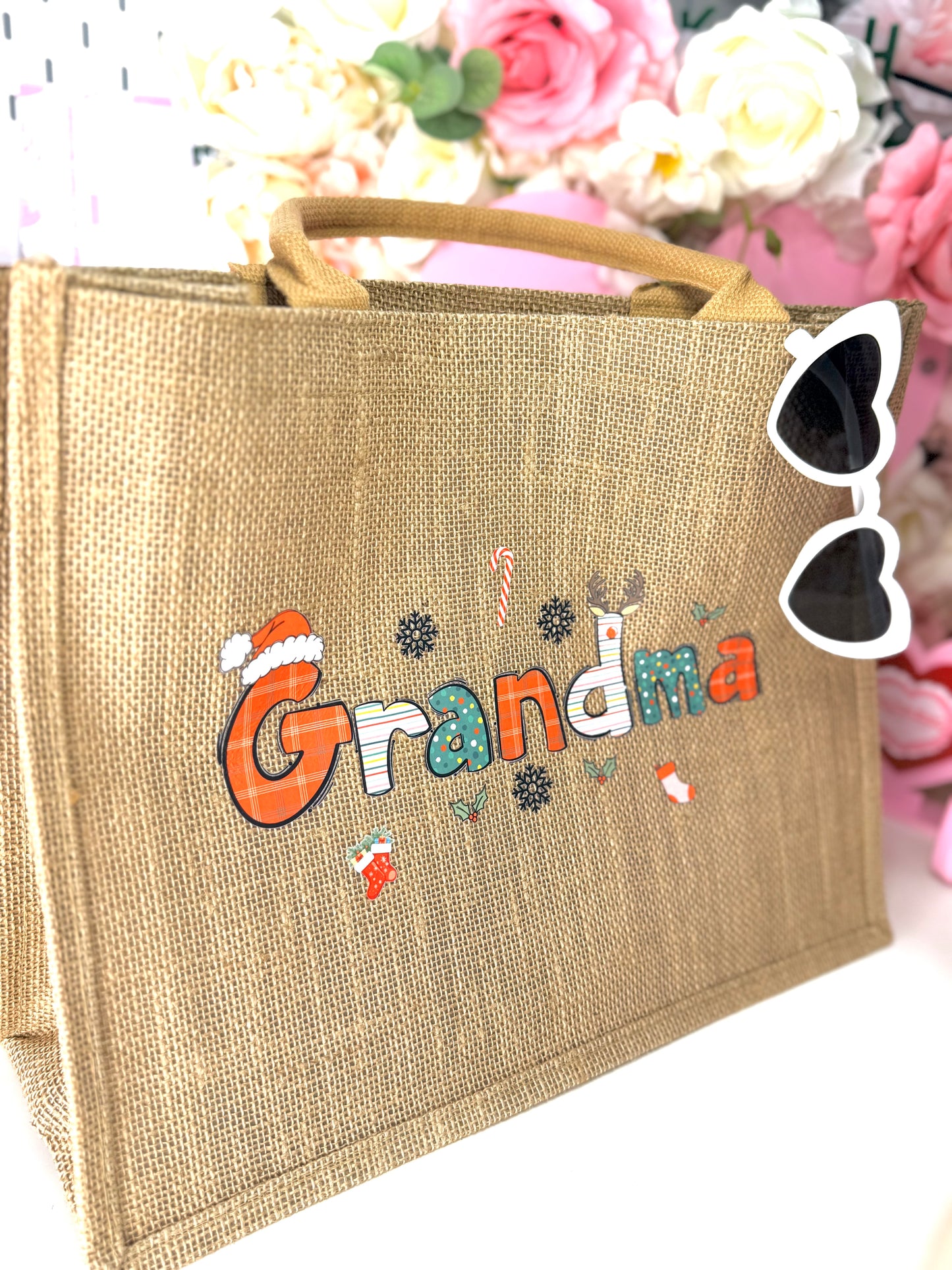 Personalized Name Burlap Tote Bag, Large Capacity Jute Bag, Shopping Bag, Holiday Party Favor, Christmas Gift for Mom/Family/Kid/ Santa Hat