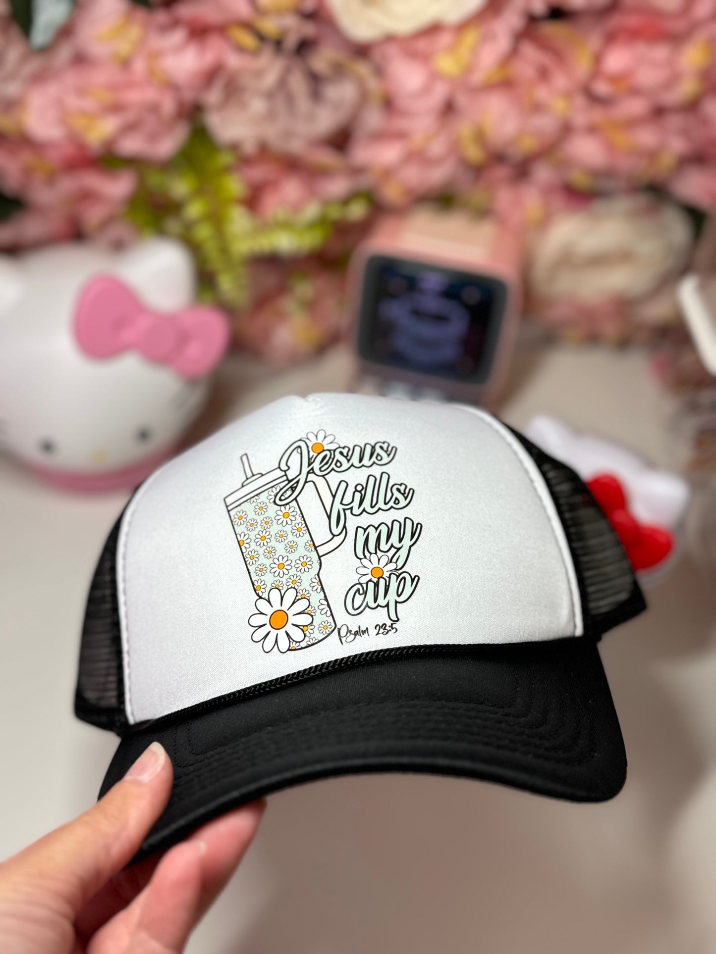 Jesus Fills My Cup Trucker Hat in Black and White