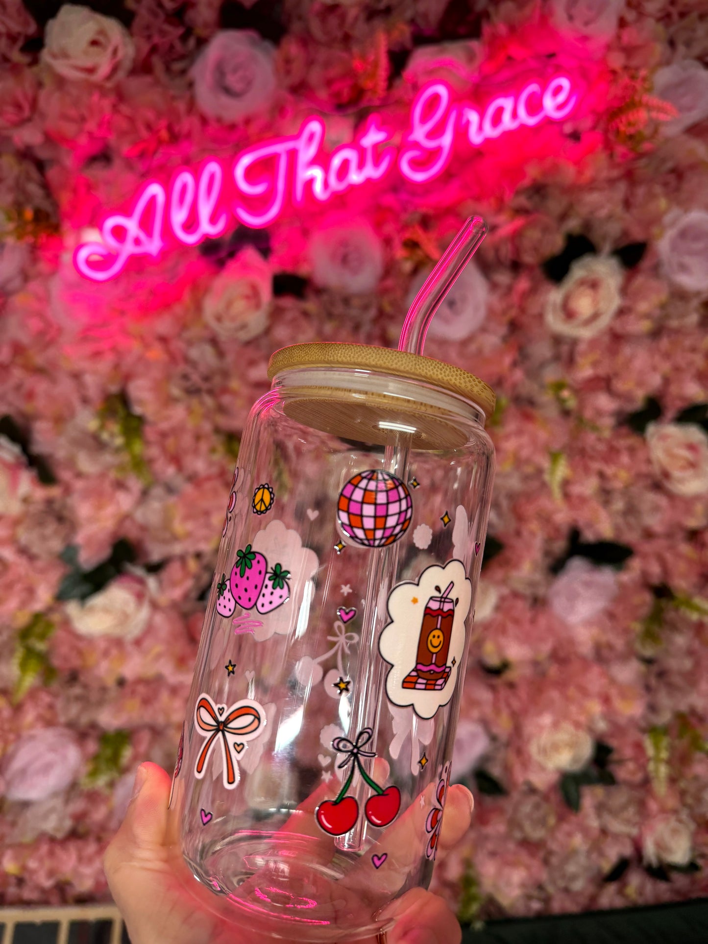 Retro Spring Fun Glass Libby 16oz Cup With Straw Topper