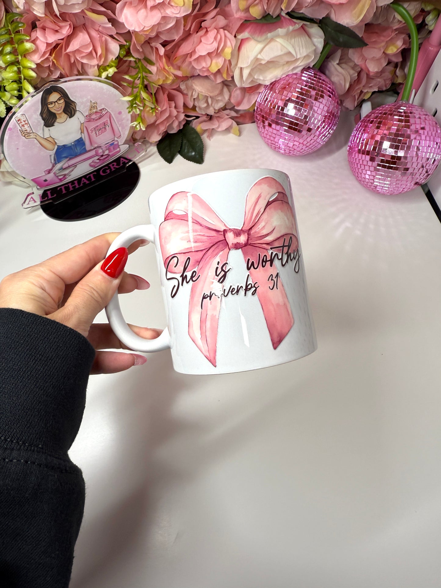 She Is Worthy Proverbs 31 Coquette Bow Ceramic Coffee Mug 11oz