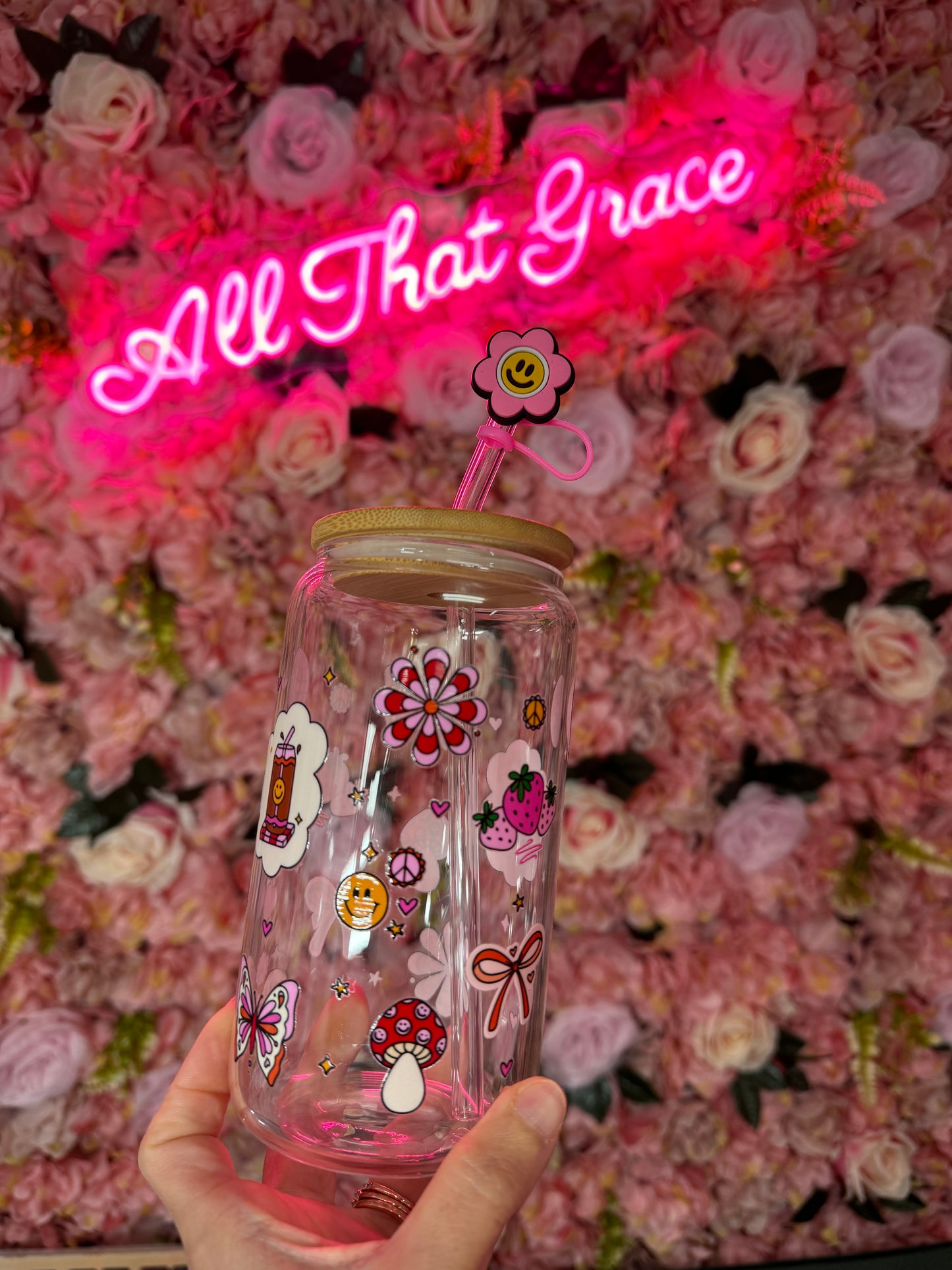 Retro Spring Fun Glass Libby 16oz Cup With Straw Topper