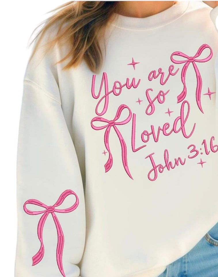 You Are So Loved John 3:16 White Coquette Bow Embroidered Crewneck In Pink Stitching