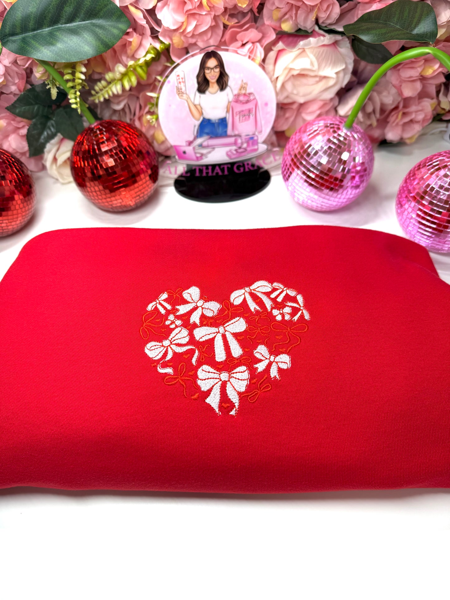 Heart Shaped Bow Embroidered Mock Neck Sweater in Red