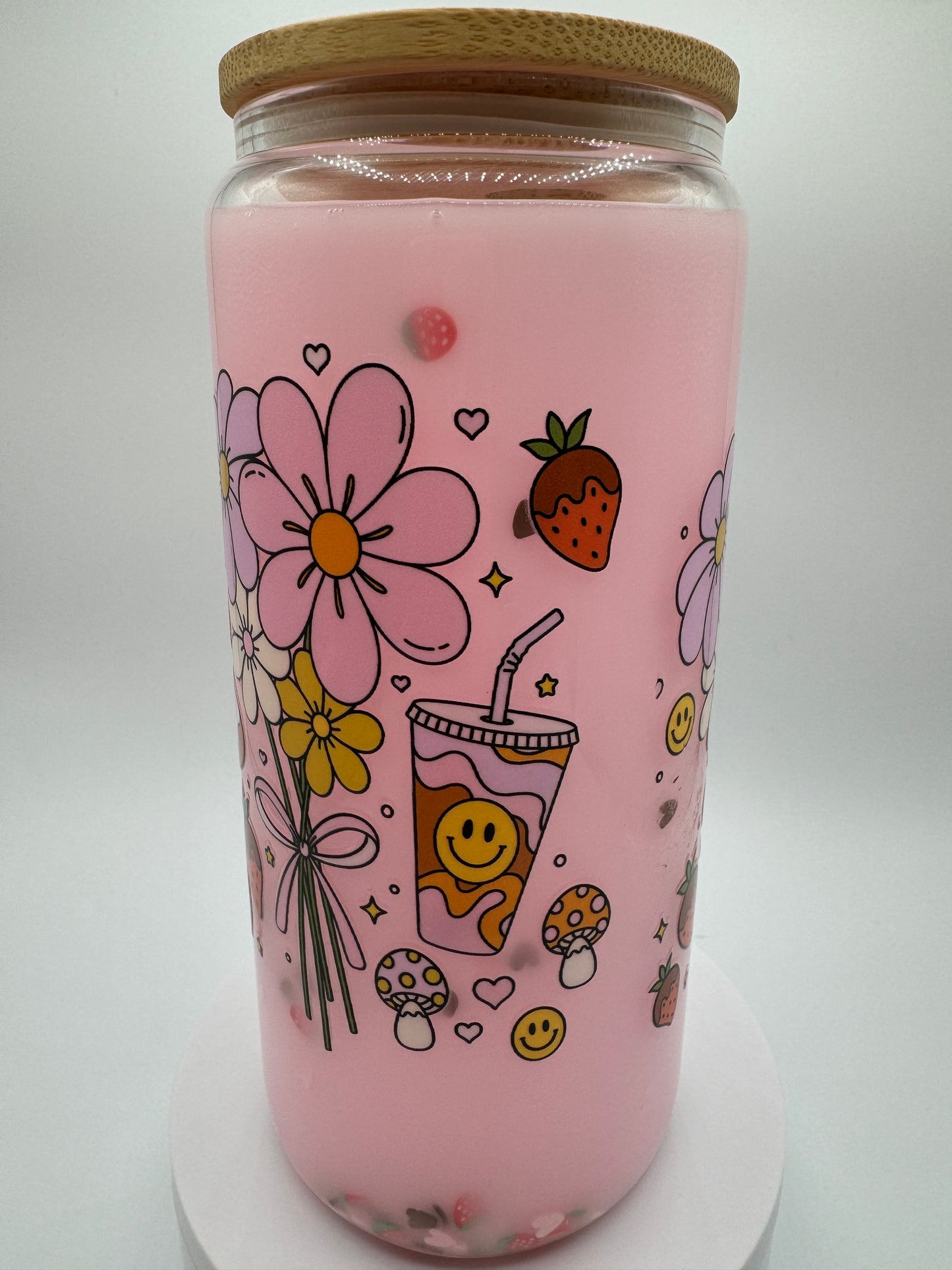 Retro Flower and Coffee in a Strawberry Milk Snow Globe 16oz cup