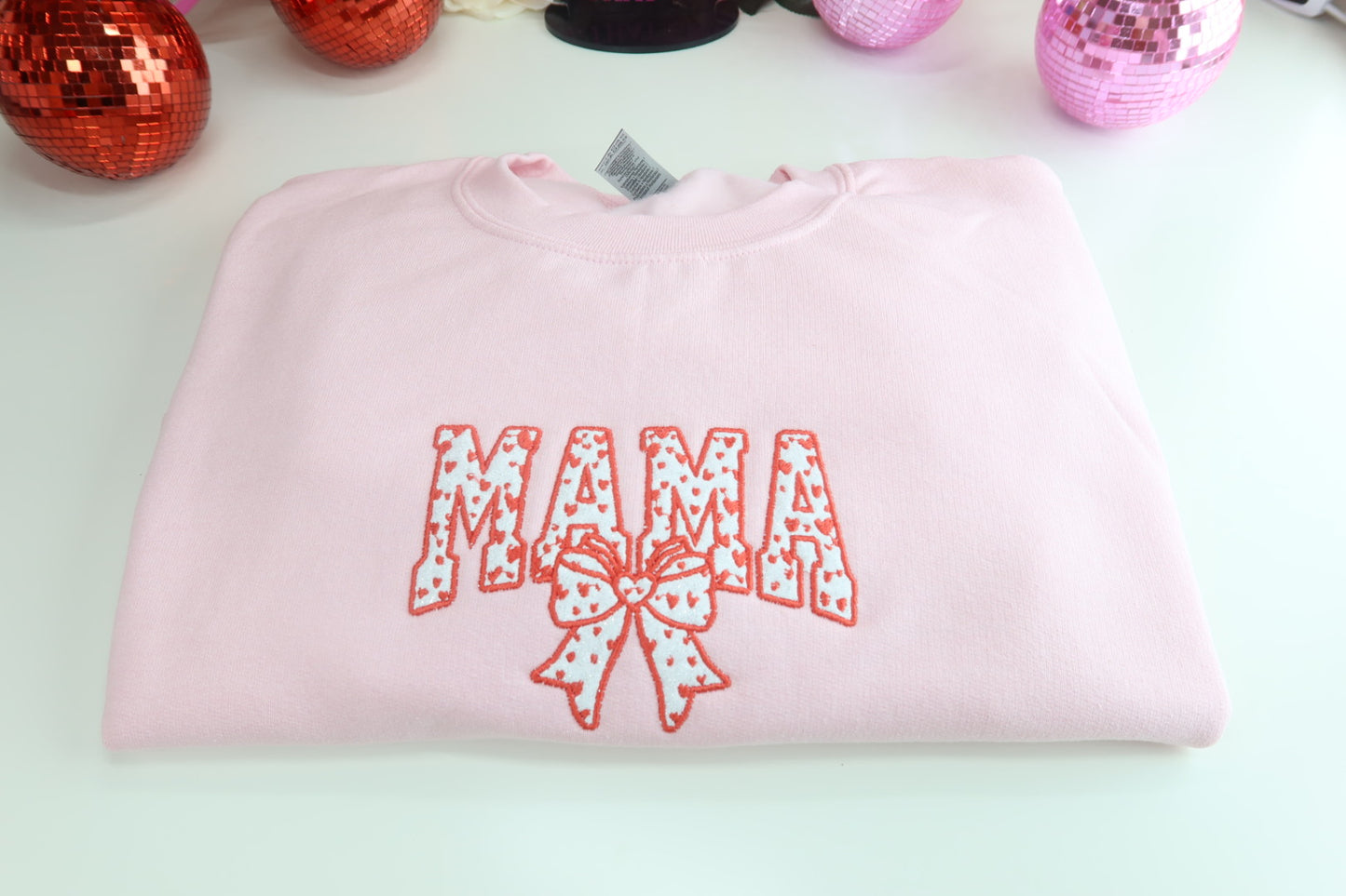 Mama Bow And Heart Appliqué Crewneck Sweater in Pink