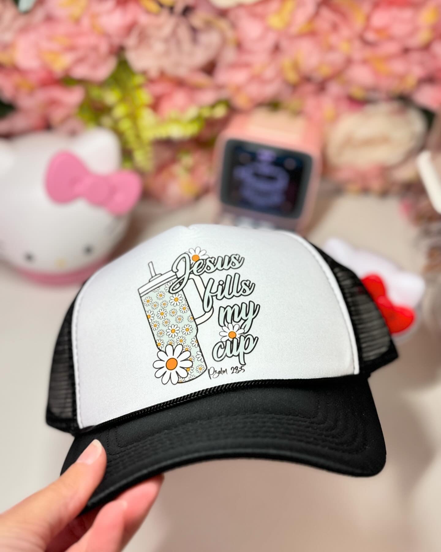 Jesus Fills My Cup Trucker Hat in Black and White