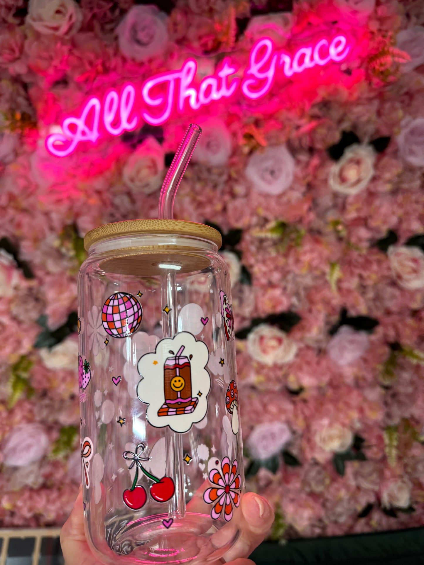Retro Spring Fun Glass Libby 16oz Cup With Straw Topper