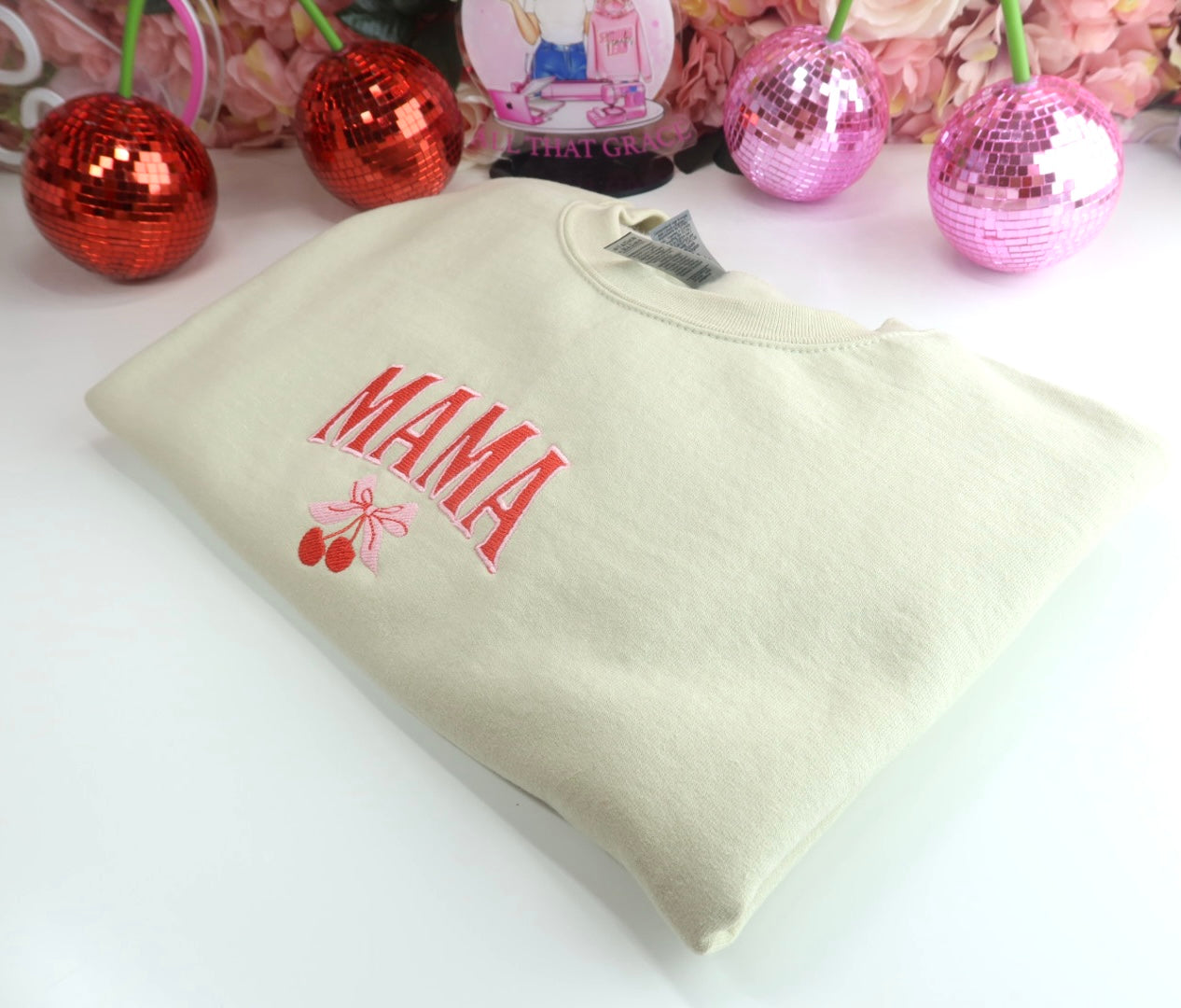 MAMA Cherry Coquette Embroidered Crewneck in Sand