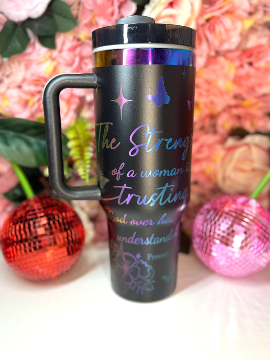 The Strength of a Woman Is Trusting God Proverbs 3:5-6 Chroma Black Engraved tumbler
