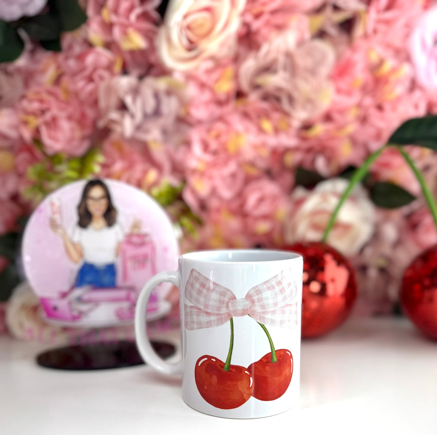 Cherry Gingham Bow Spring Ceramic Mug