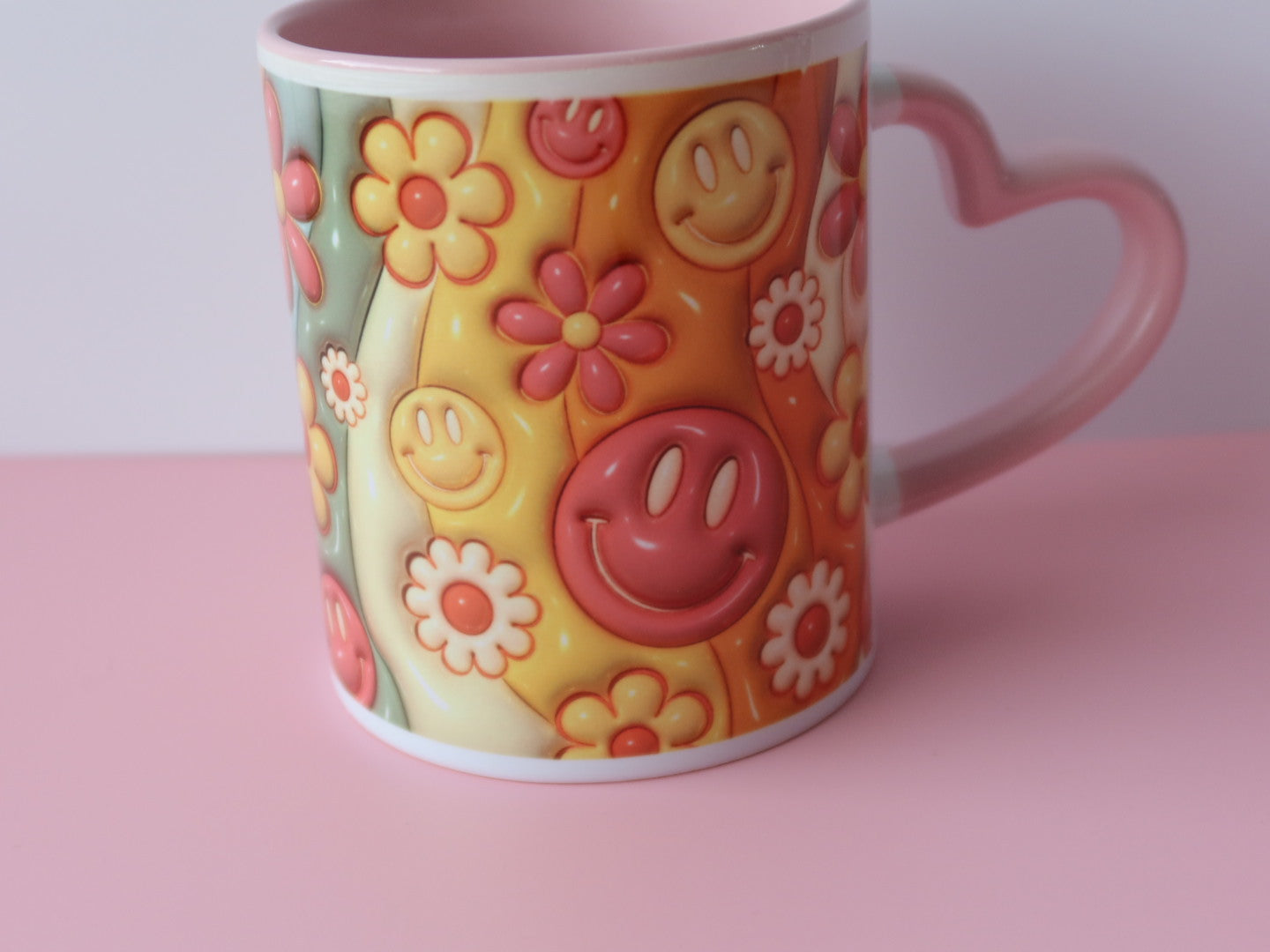 Retro 3D Smiley Face and Flowers Mug 11oz