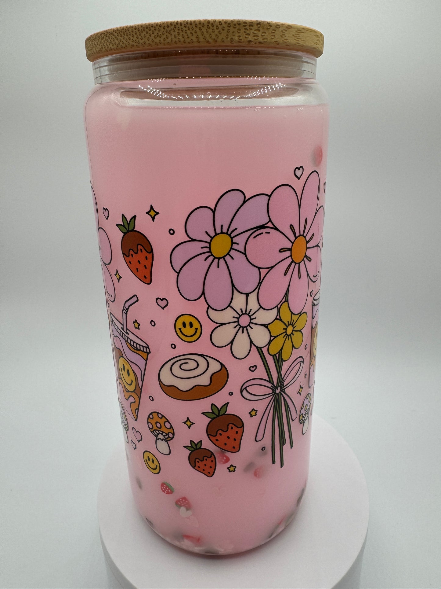 Retro Flower and Coffee in a Strawberry Milk Snow Globe 16oz cup