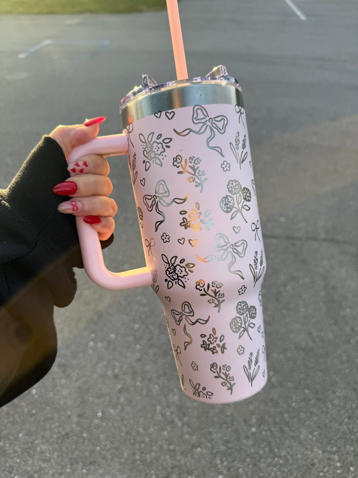 Floral Bow Coquette Engraved Peppermint Cream Blush Tumbler 40oz