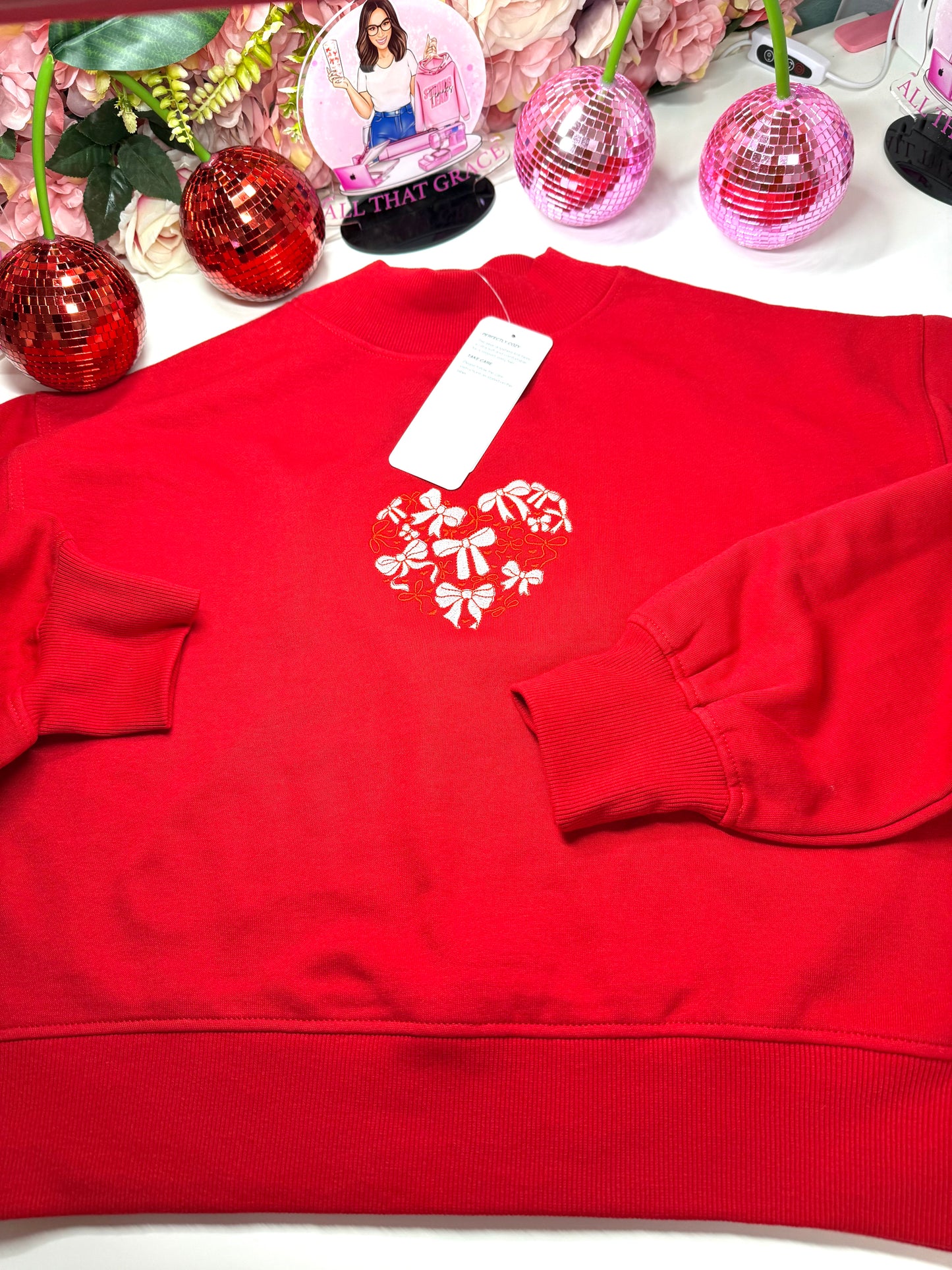 Heart Shaped Bow Embroidered Mock Neck Sweater in Red