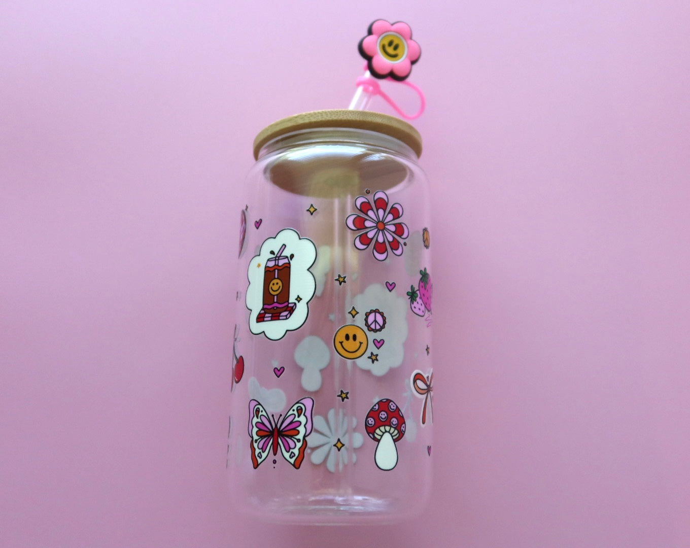 Retro Spring Fun Glass Libby 16oz Cup With Straw Topper