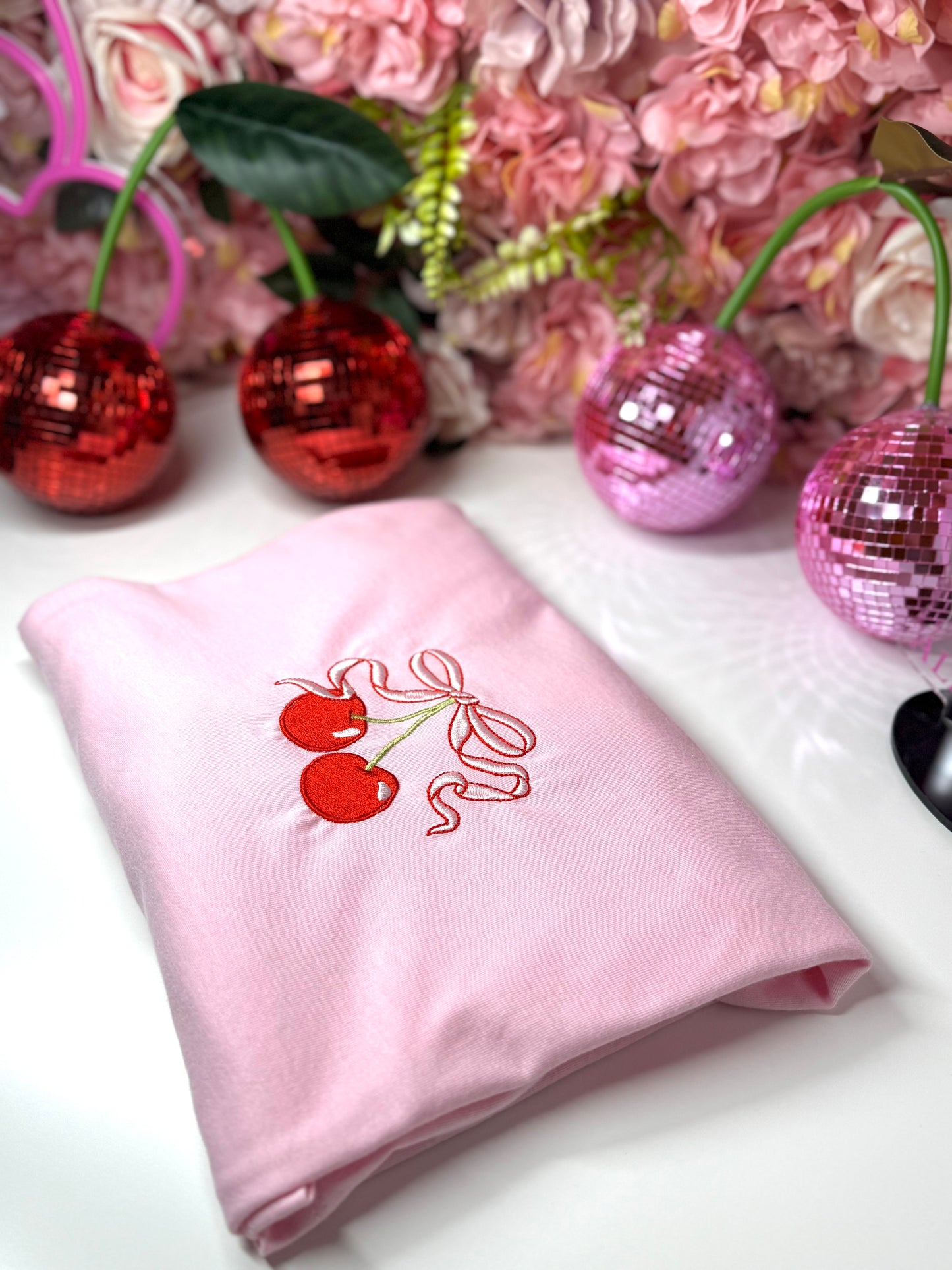 Cherry Coquette Bow Embroidered Cotton Short Sleeve Tee in Pink