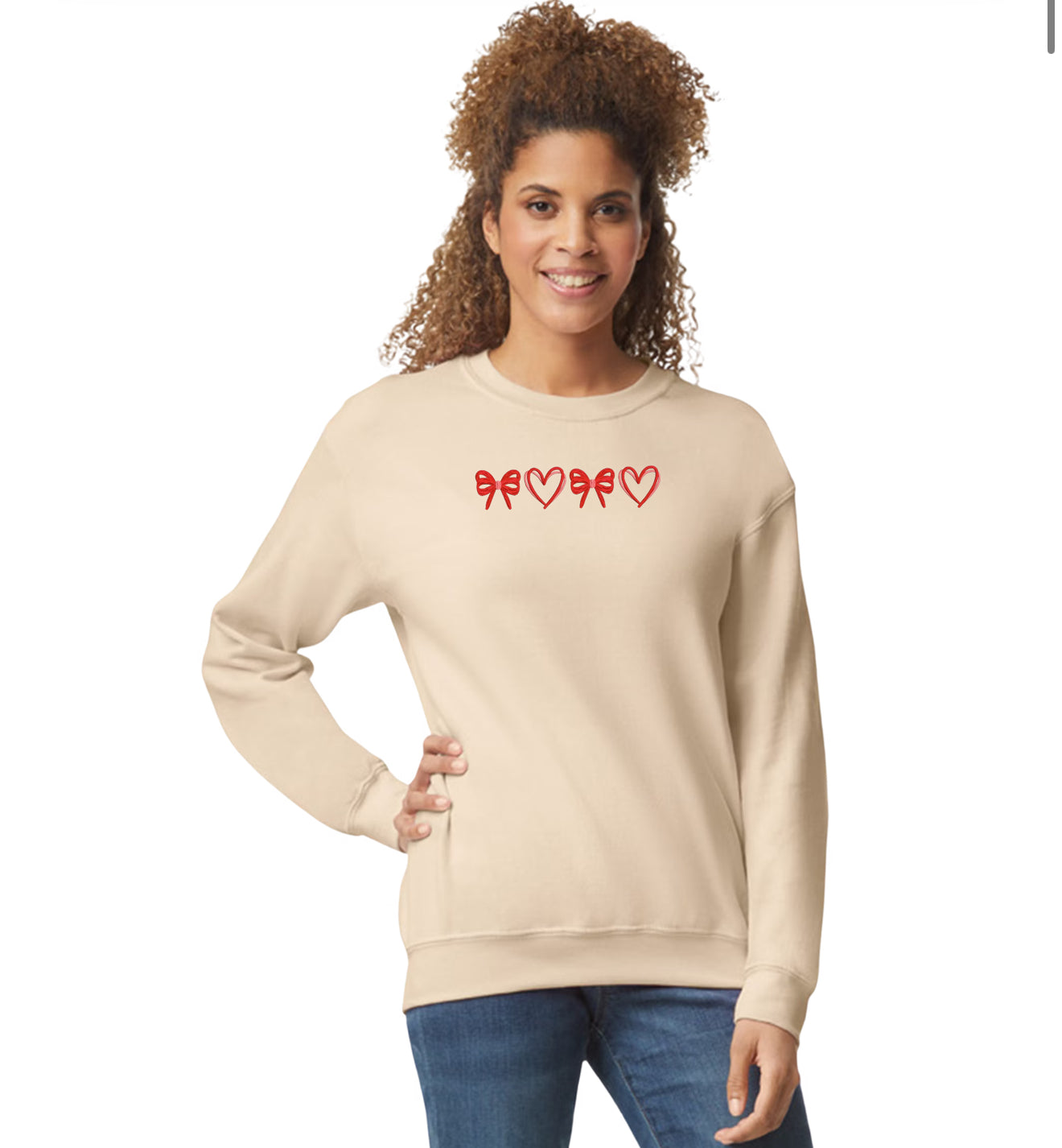XOXO Heart and Bow Coquette Embroidered Crewneck Sweater In Multiple Colors