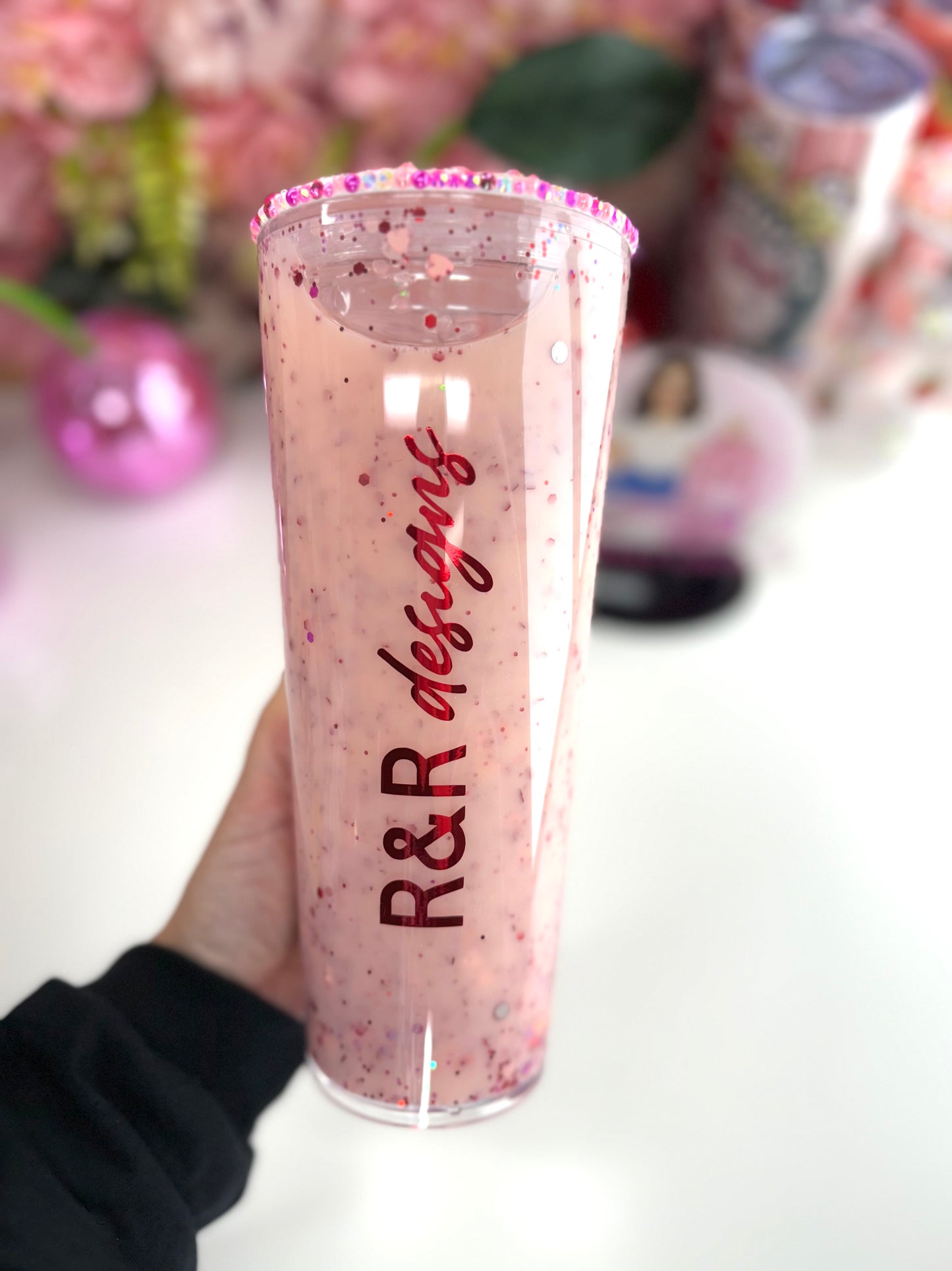 Custom Acrylic Tumbler With Red & Pink Glitter W/ Bling Lid