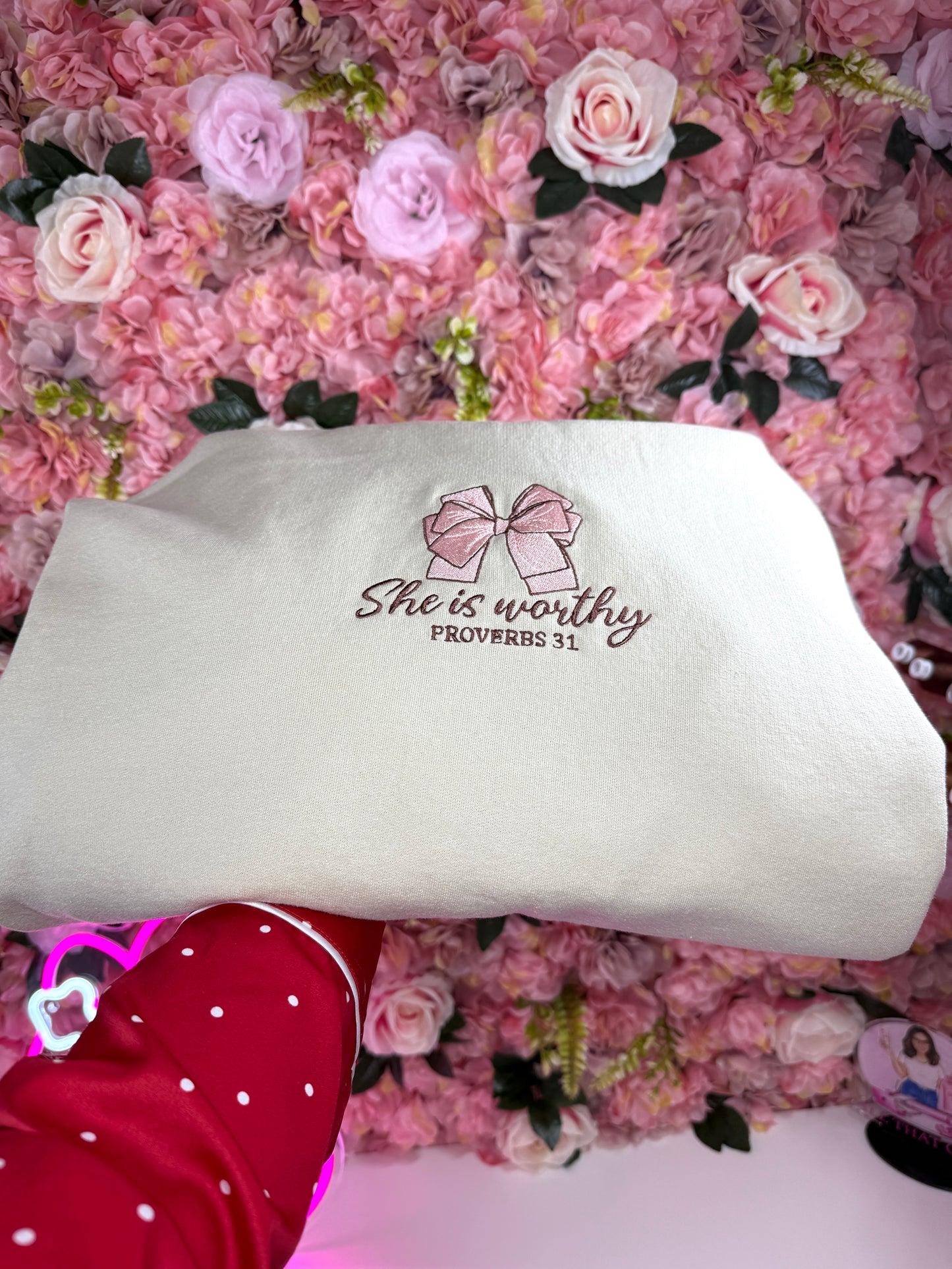 She is Worthy Proverbs 31 Bow Coquette Embroidered Hoodie in Sand