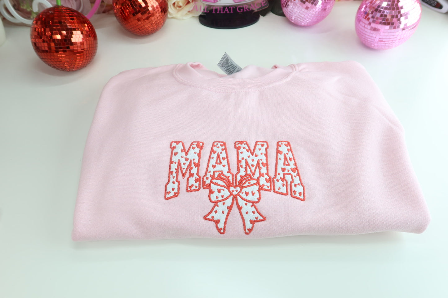 Mama Bow And Heart Appliqué Crewneck Sweater in Pink