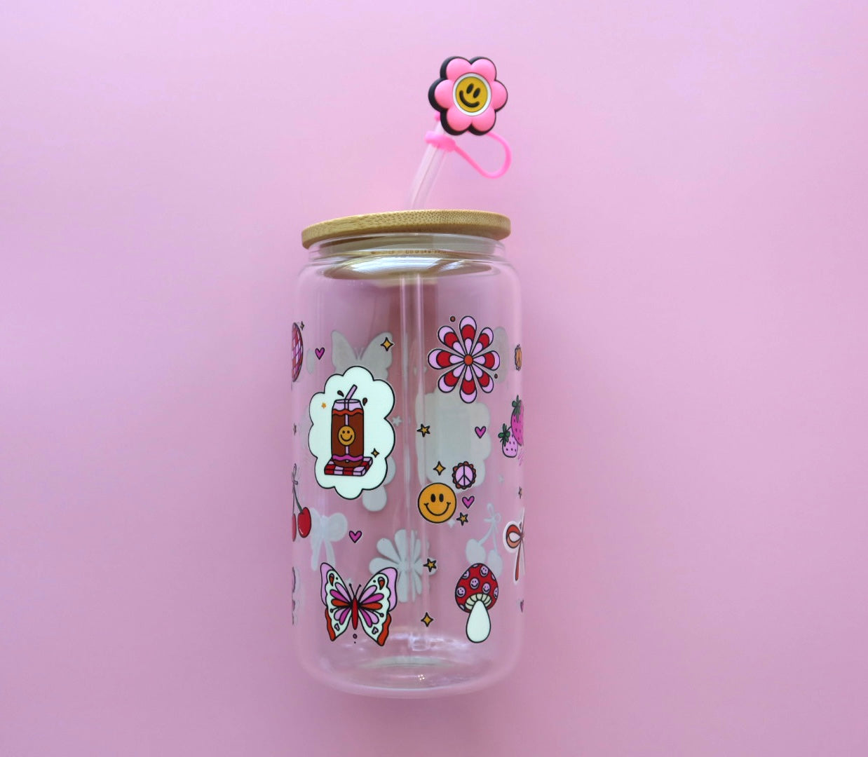 Retro Spring Fun Glass Libby 16oz Cup With Straw Topper