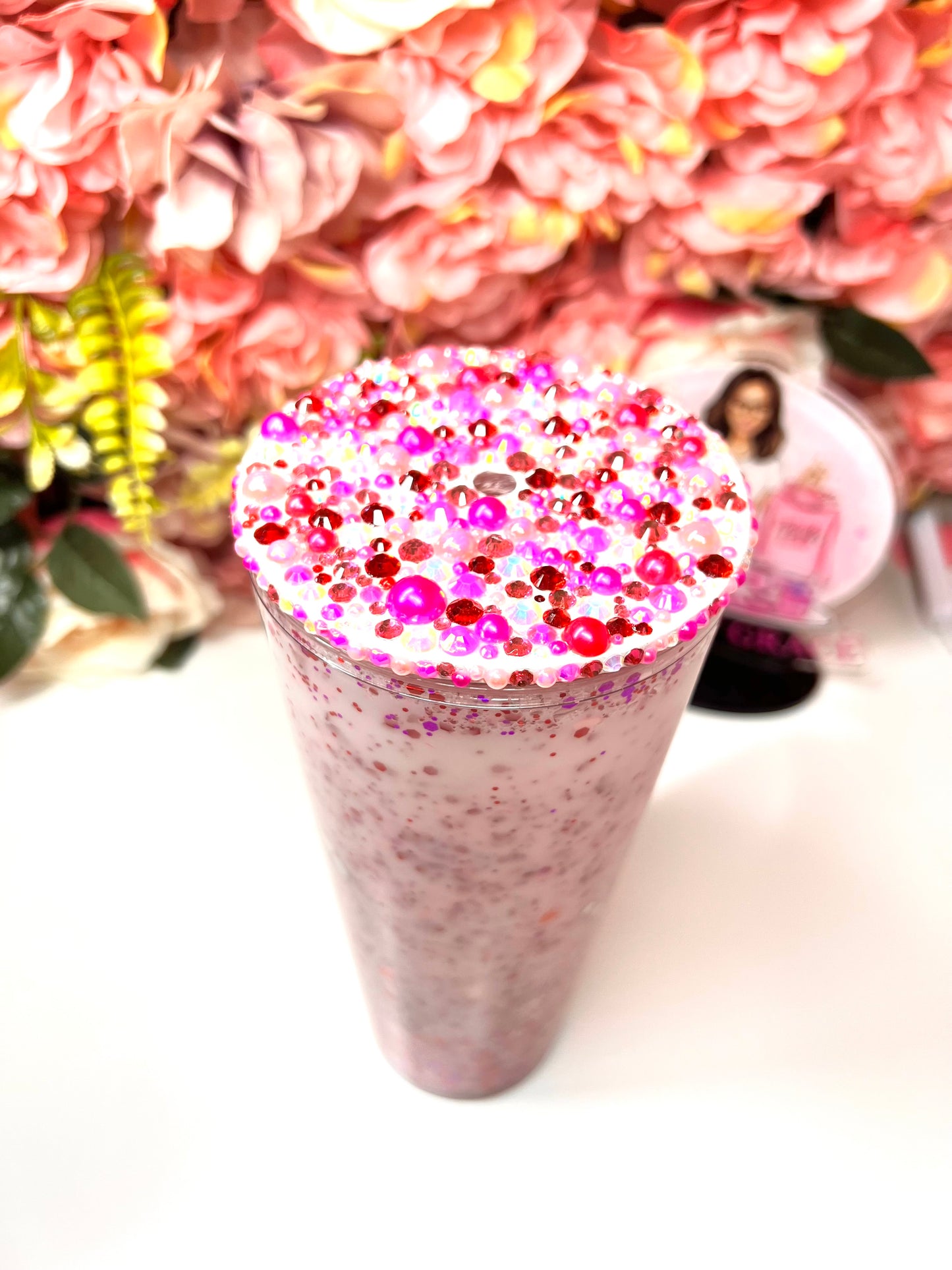 Custom Acrylic Tumbler With Red & Pink Glitter W/ Bling Lid