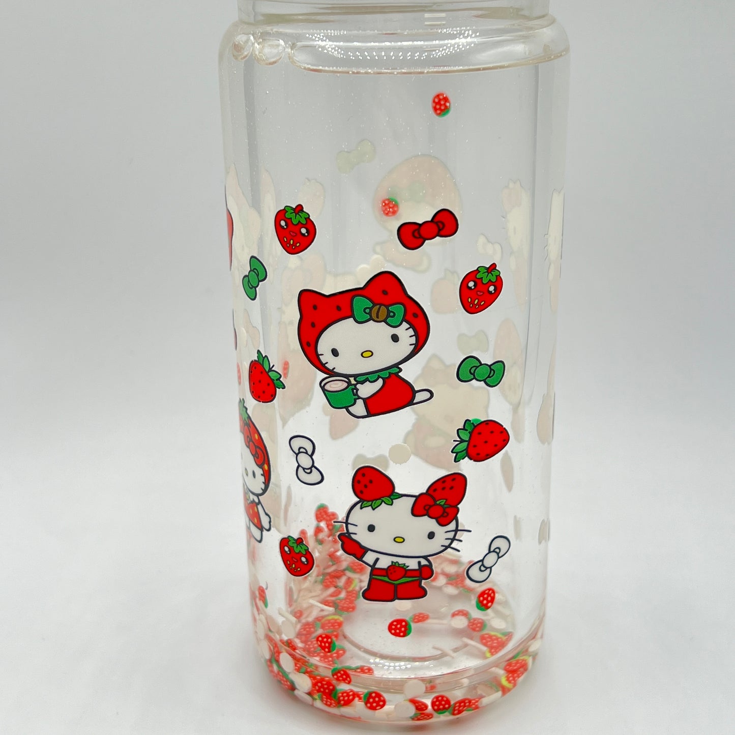 Cat, Bow & Strawberry Snow Globe 16oz Glass Tumbler WIth Lid