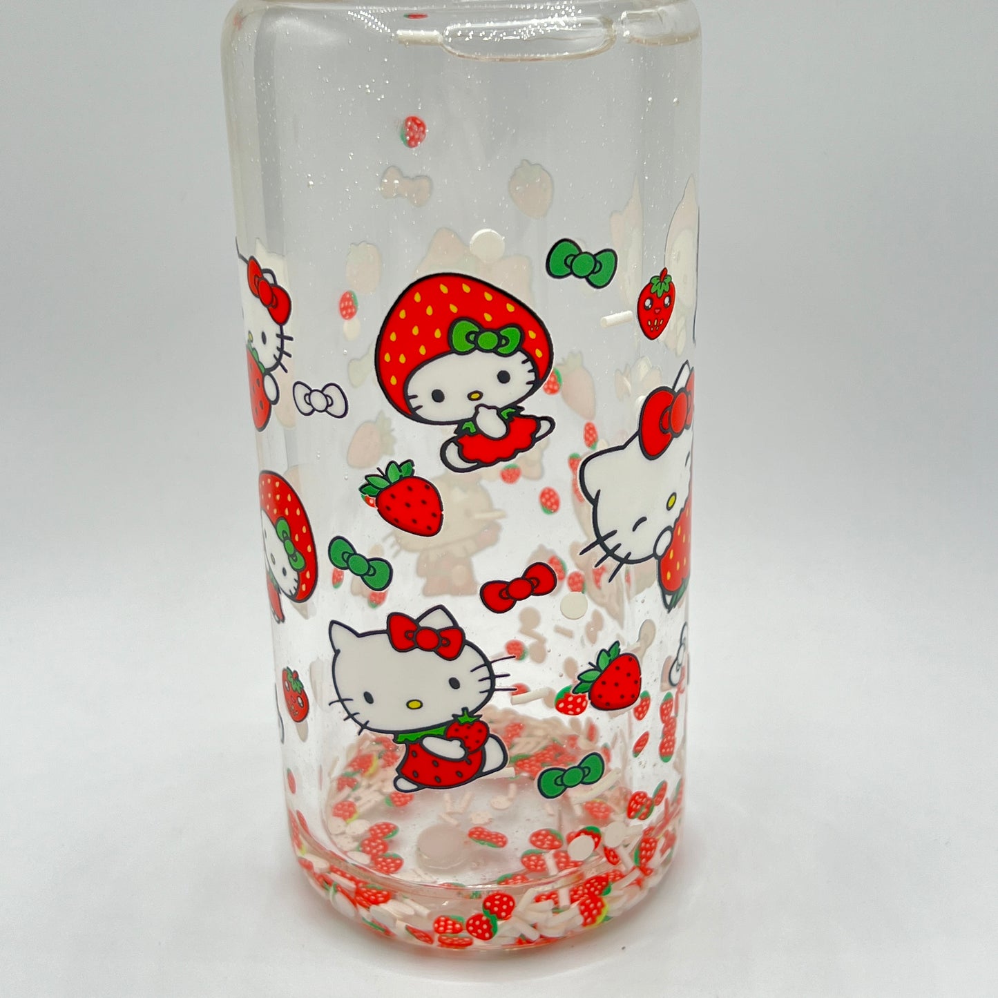 Cat, Bow & Strawberry Snow Globe 16oz Glass Tumbler WIth Lid