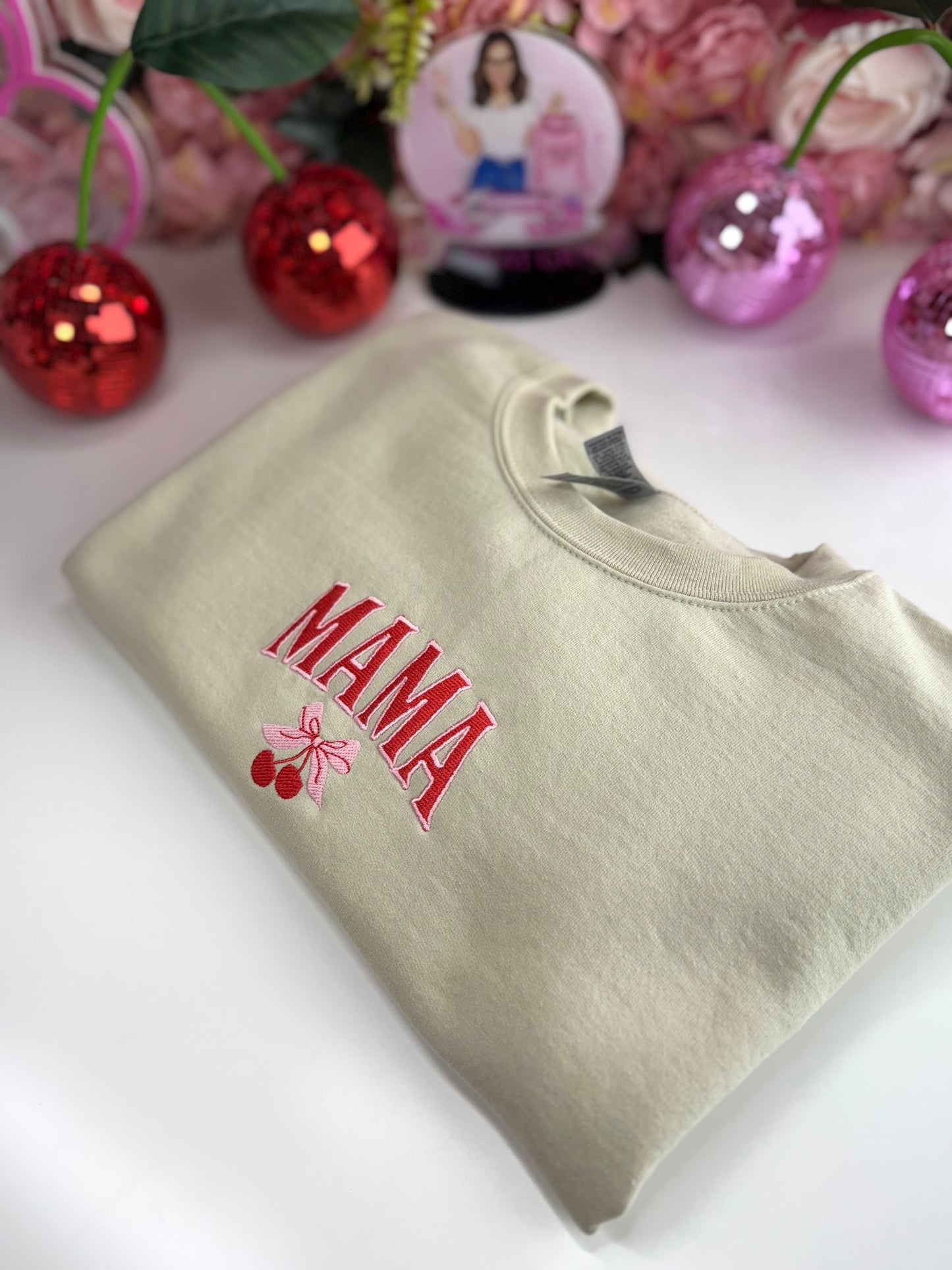 MAMA Cherry Coquette Embroidered Crewneck in Sand